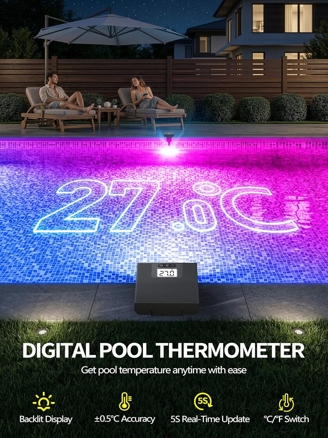 Detalle de DeeprBlu 2 en 1: Luz solar para piscina y termómetro con control remoto