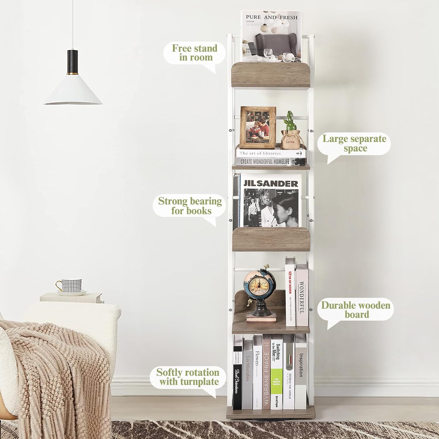 Thumbnail 5 de Bikoney 5-Tier Rotating Corner Bookshelf (White & Grey) – Industrial, Narrow, Tall Design
