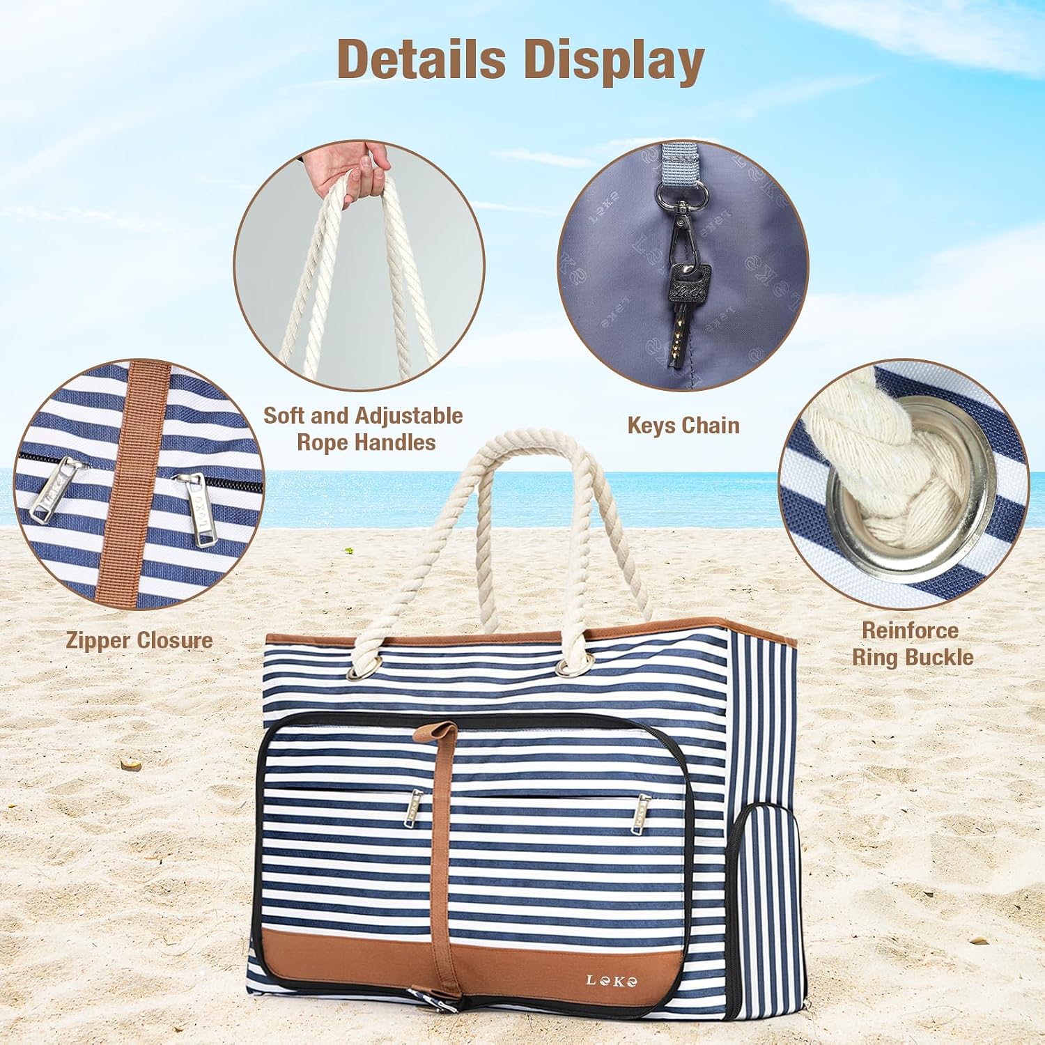 Thumbnail 5 de Lekespring Waterproof Beach Bag for Women – Blue Striped 35L Tote with Zip, Shoe Compartment and Elastic Bottom Straps