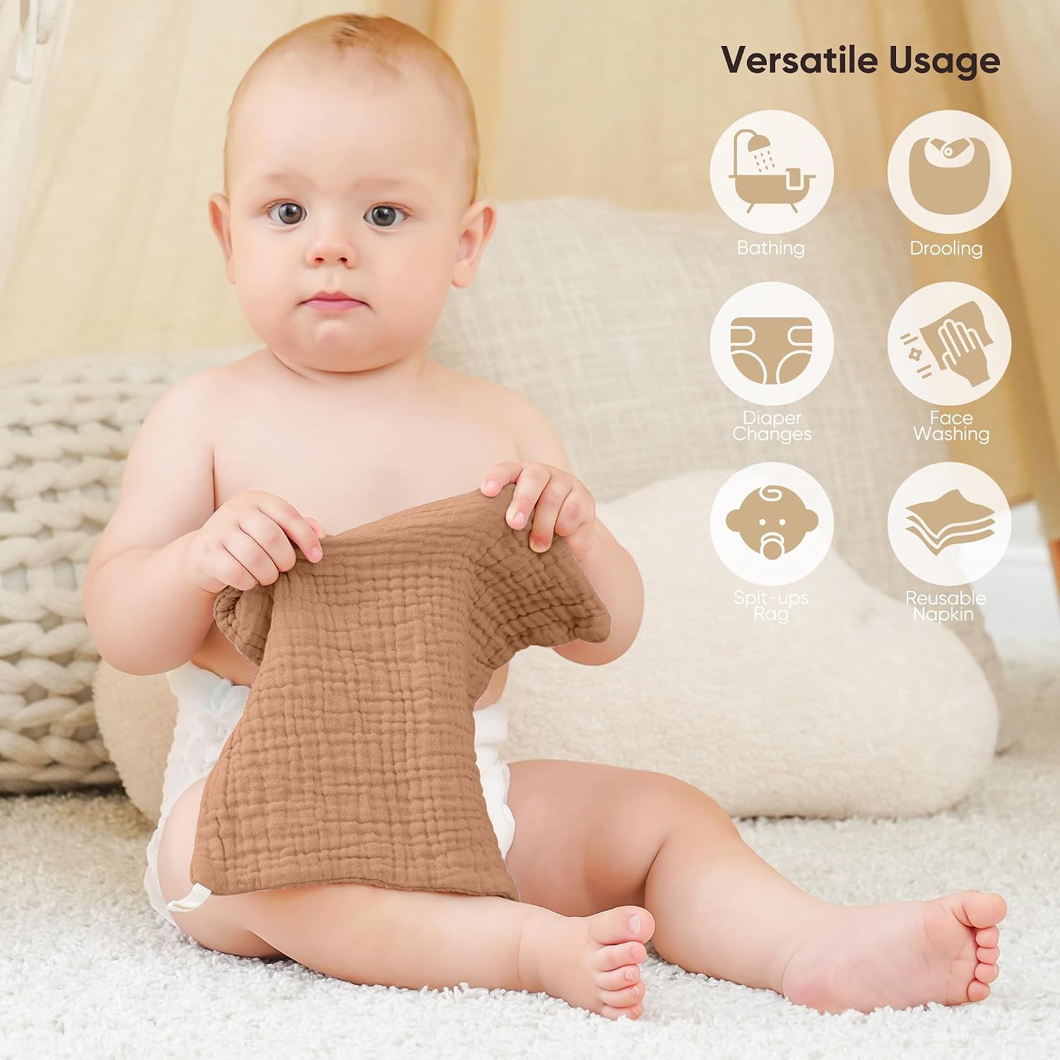 Detalle de Bearmoss muslin baby burp cloths 25x25cm 10 pack