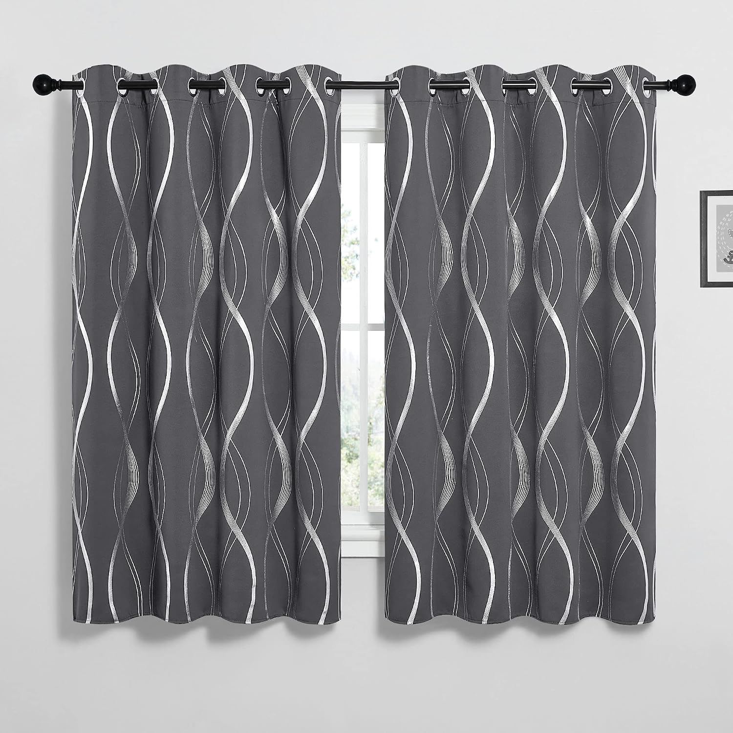 Detalle de Pony Dance Blackout Curtains (Blackout, Grey) with Silver Wave Foil Print, 2 Panels, Thermal Insulated