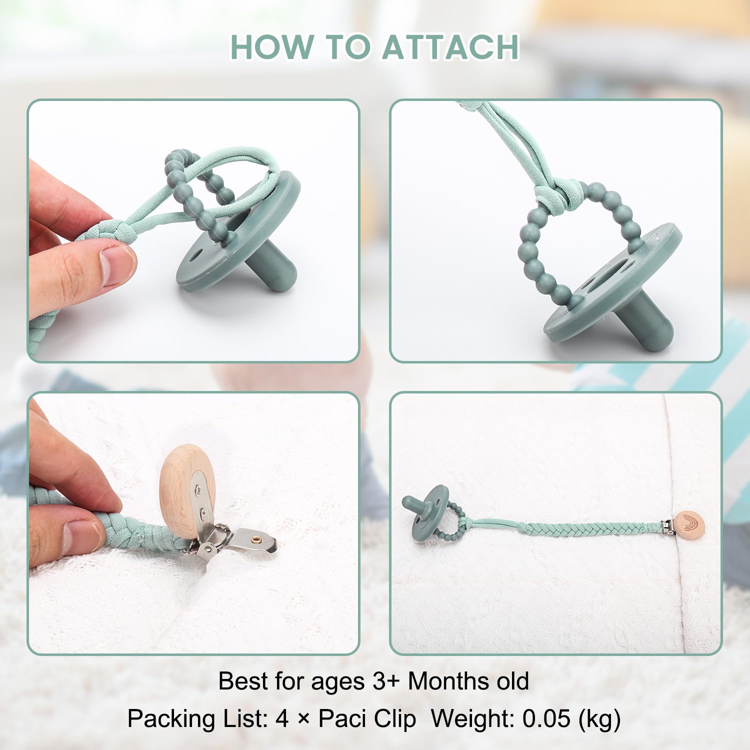 Thumbnail 2 de CLDY Baby Schnullerkette Clip im 4er-Pack – Schnullerband mit Clip für Kinderwagen, Babytrage und Autositz