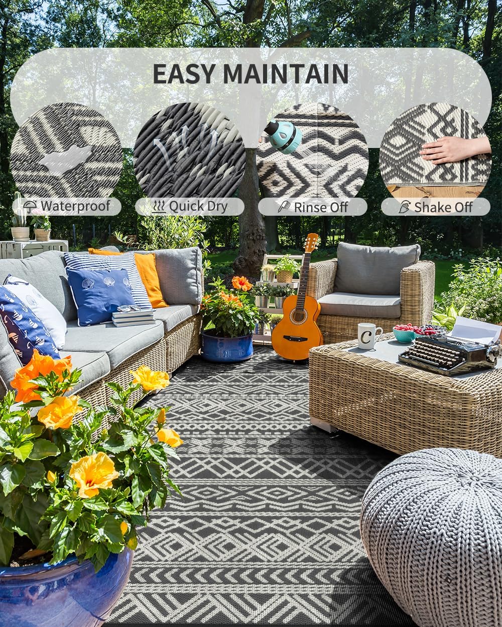 Thumbnail 1 de MontVoo Outdoor Rug Carpet Waterproof 5x8 — Reversible Boho Outdoor Mat for Patio, RV, Camping