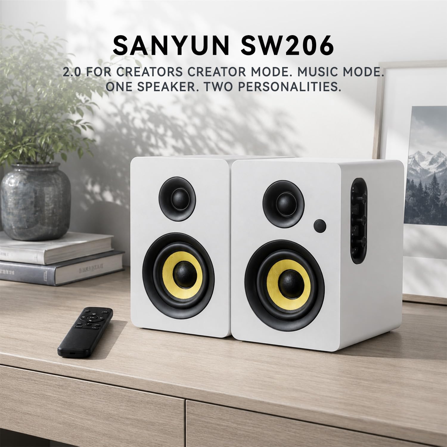Thumbnail 1 de Sanyun SW206 80W 2.0 Active Bookshelf Speakers, White Pair with Dual Modes