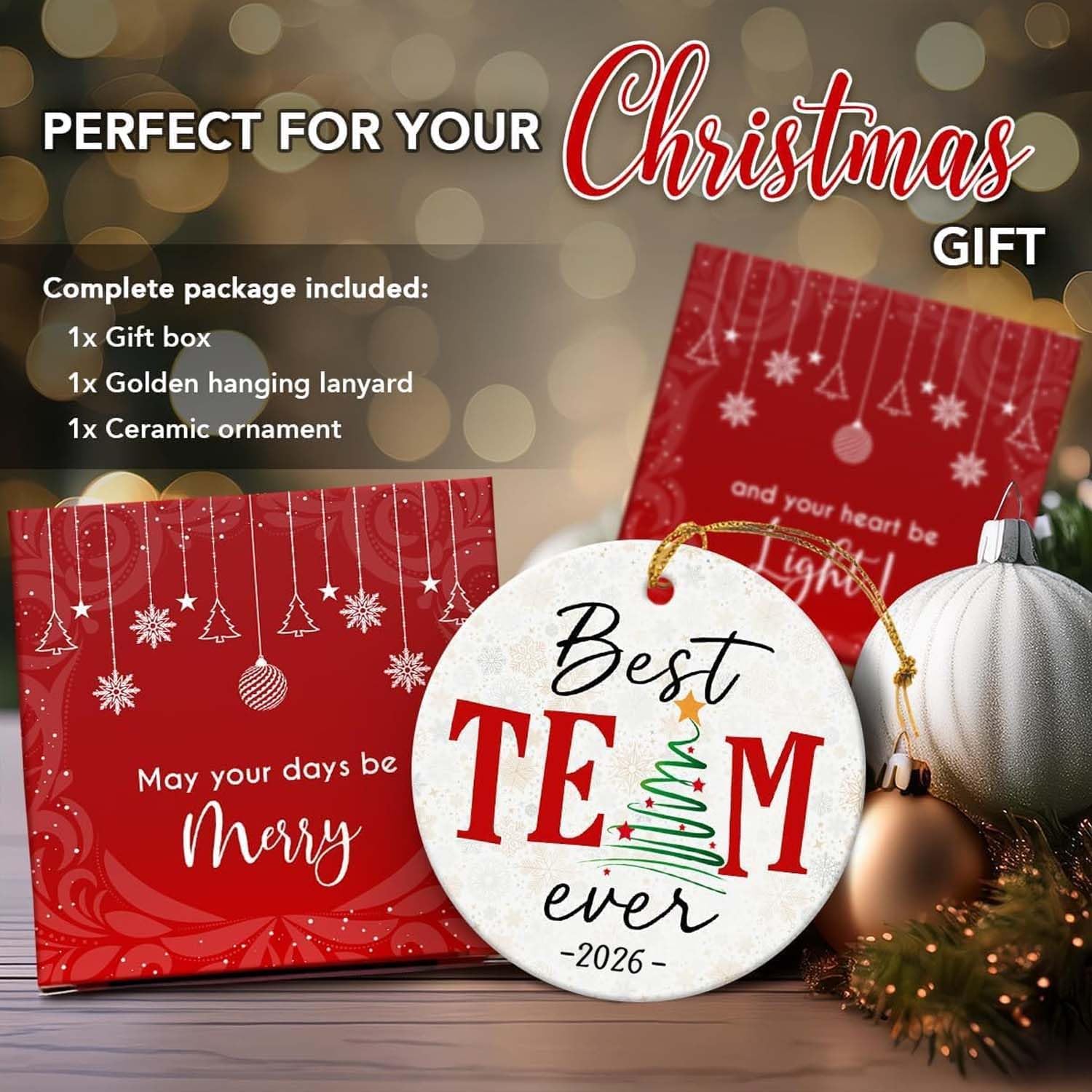 Detalle de Fvviia Best Team Ever Ornament 2026, 3x3-Inch Ceramic Hanging Decoration