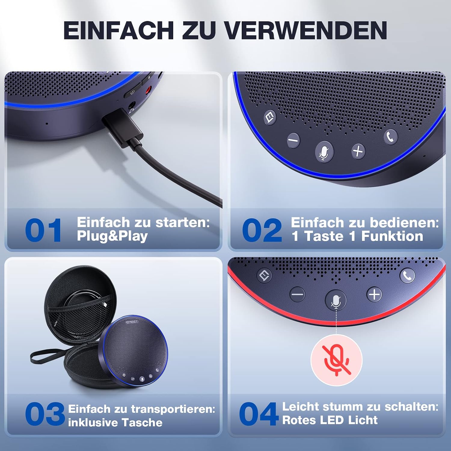Detalle 2 de EMEET Bluetooth-Konferenzlautsprecher M3 (USB-Freisprecheinrichtung, Vollduplex, 4 Mikrofone) für Zoom & Skype – Plug-and-Play