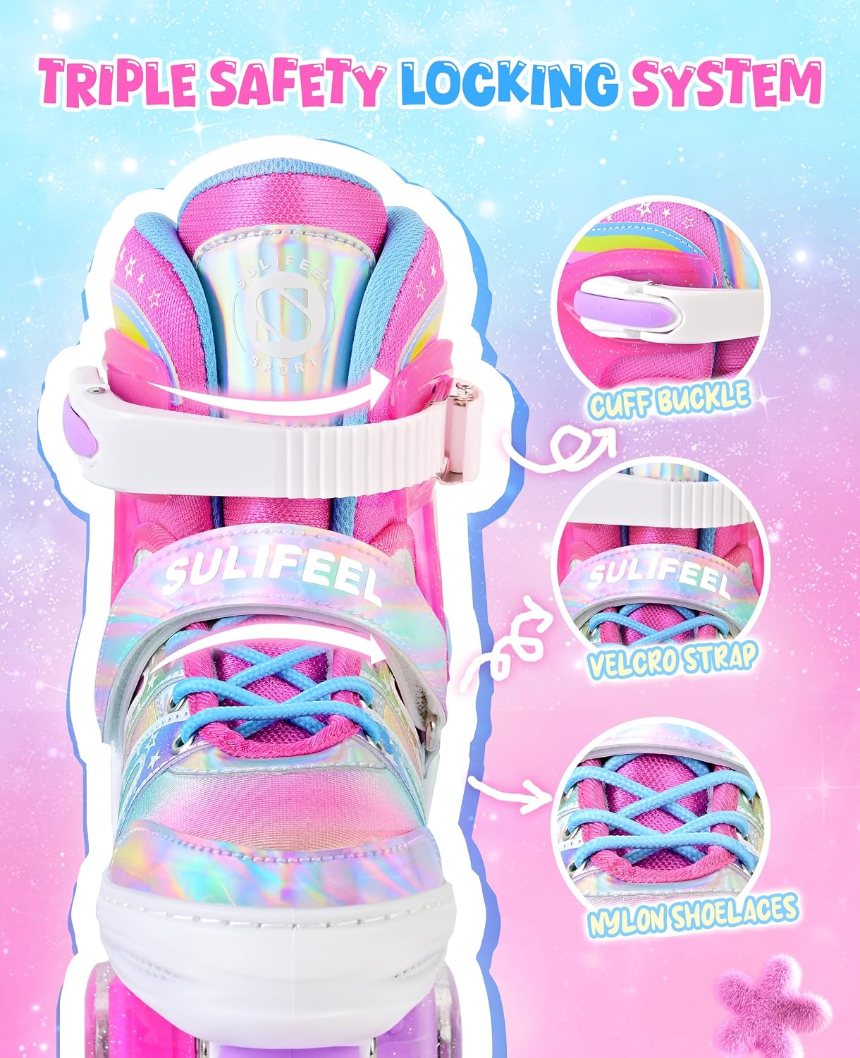 Thumbnail 2 de SULIFEEL Rainbow Tie-Dye Adjustable Roller Skates for Kids — Light-Up, Triple Protection, Indoor/Outdoor Fun