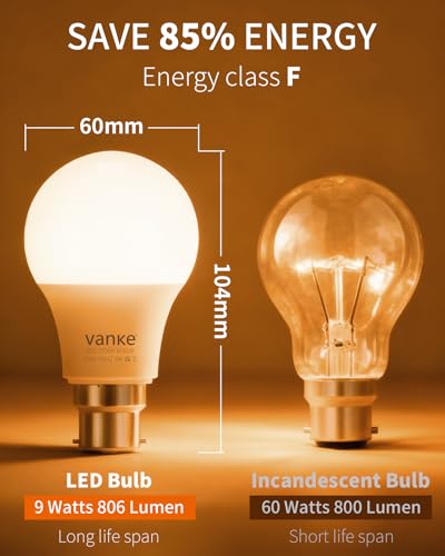 Detalle de Vanke Bayonet 9W LED Bulbs (60W Equivalent) – 2700K Warm White, Pack of 6