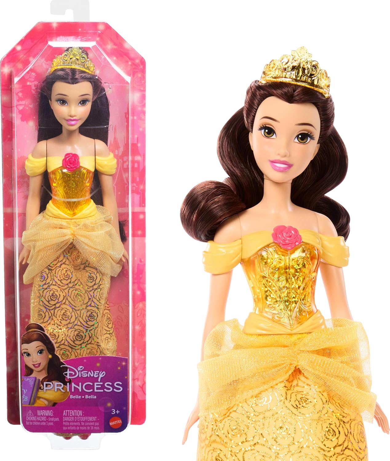 Detalle de Poupée Belle articulée Mattel Princesses Disney HLW11 avec tenue scintillante, diadème et chaussures amovibles