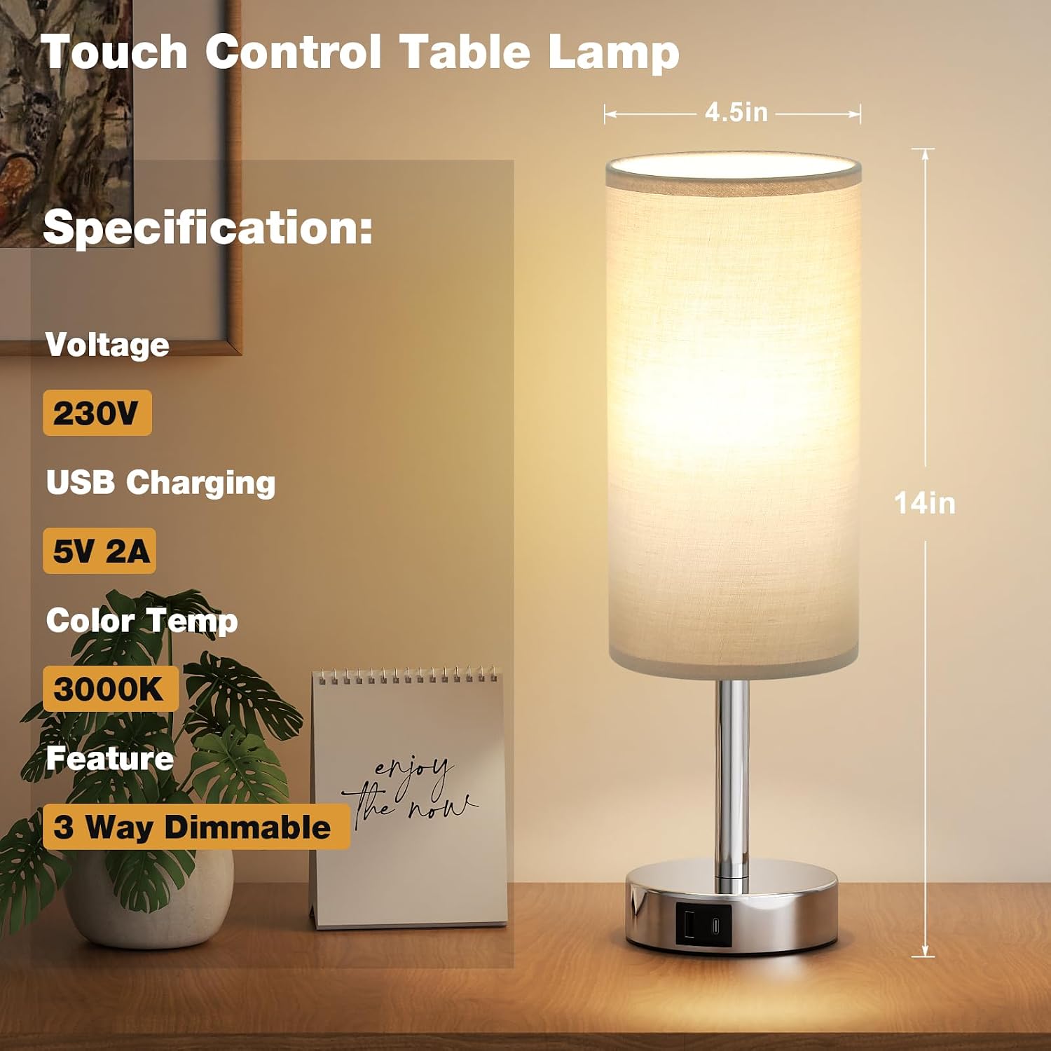 Thumbnail 6 de Aooshine Bedside Lamp 2 USB, 3‑way touch control 🛋