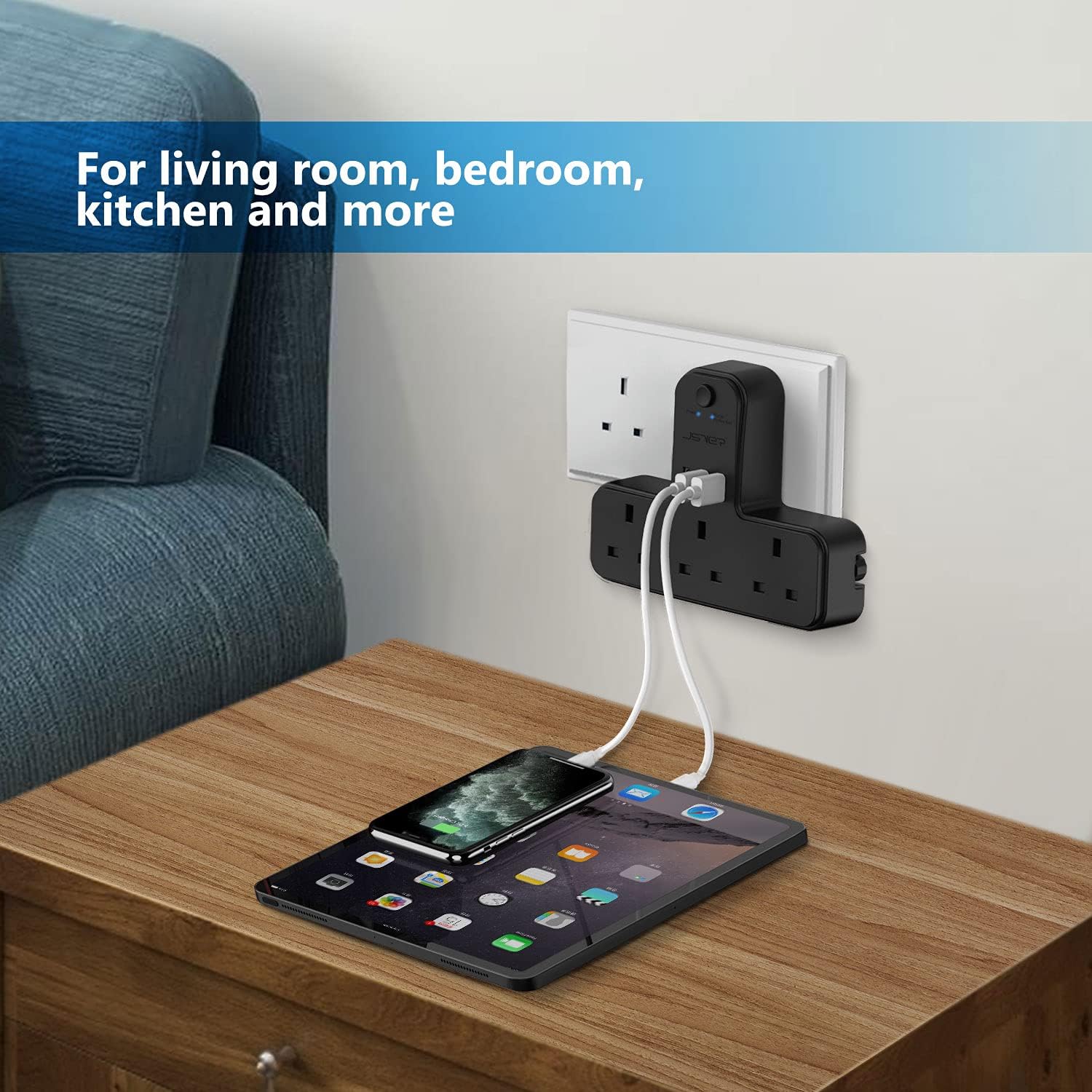 Thumbnail 6 de Plug Adaptor UK 3 Way with 3 USB Ports by JSVER