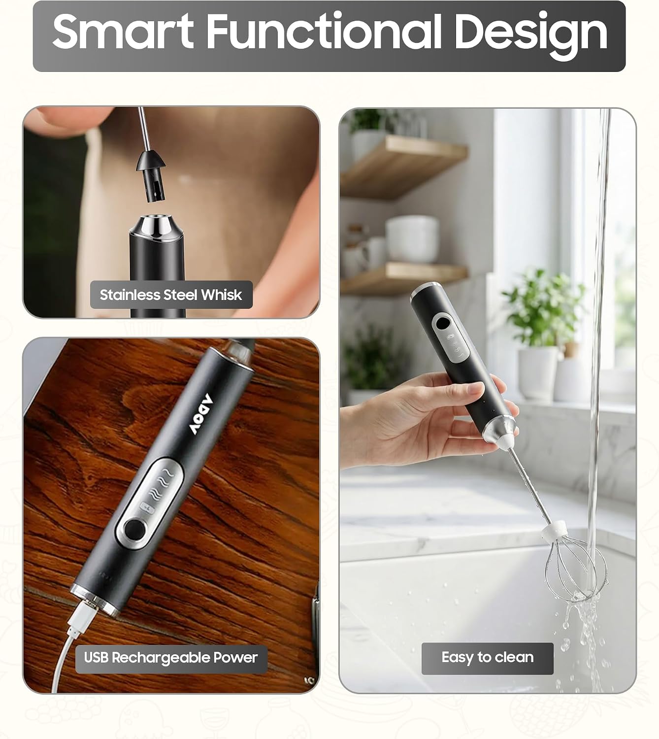 Detalle de ADOV 0142-MKF-BLK Handheld Milk Frother, USB Rechargeable, 3 Speeds