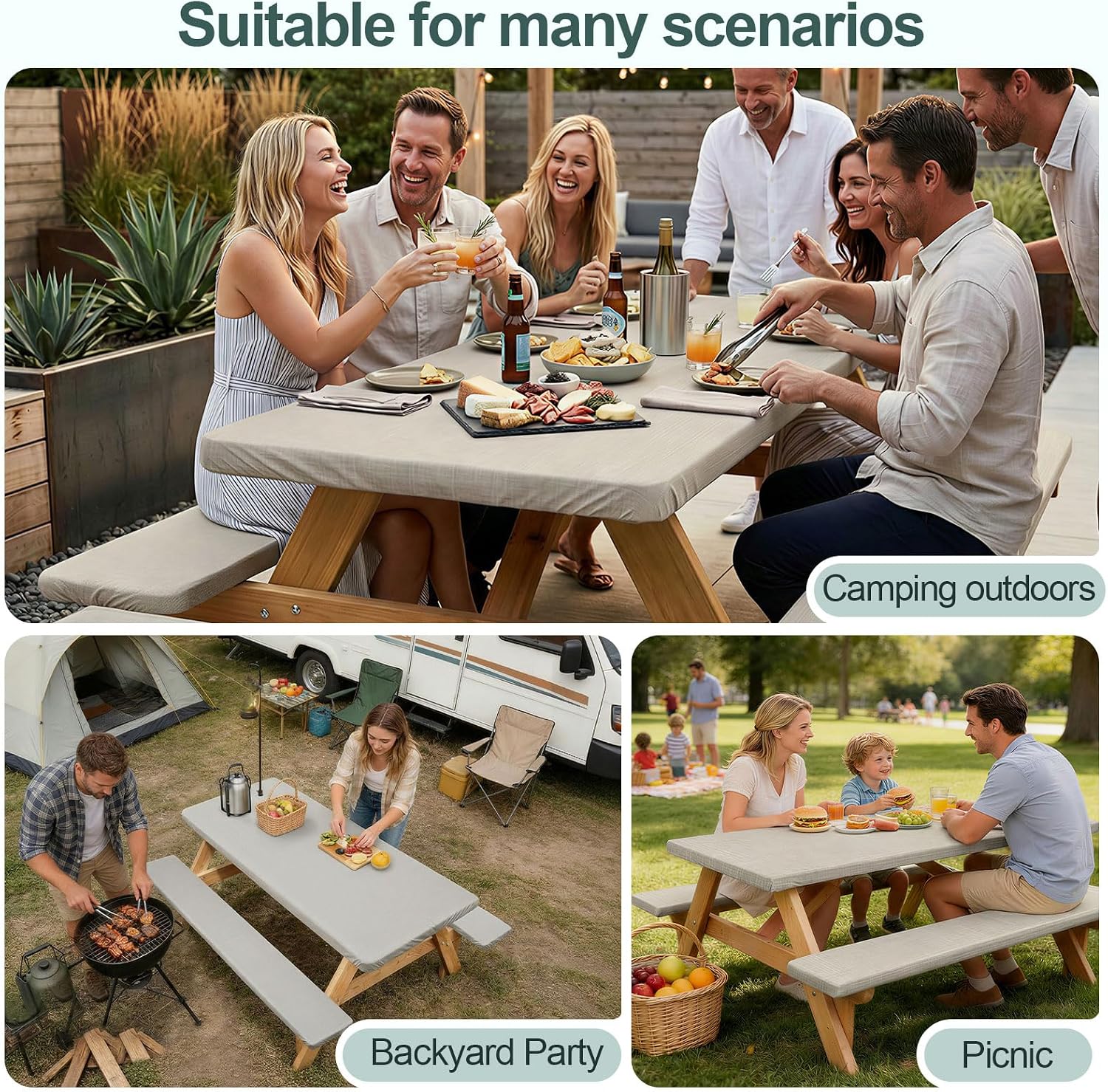 Thumbnail 6 de Picnic Table Cover with Bench Covers for 6FT Tables (72in) — Waterproof, Windproof Set with Drawstring Bag, Beige Linen Texture