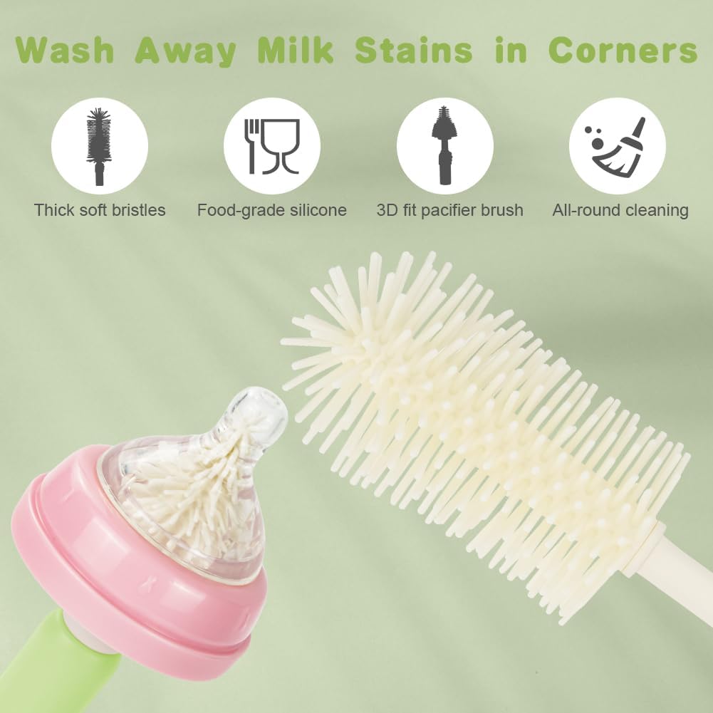 Detalle de Vicloon Press-to-Foam Baby Bottle Brush Set: 3‑in‑1 Silicone Cleaning for Bottles, Nipples and Straws