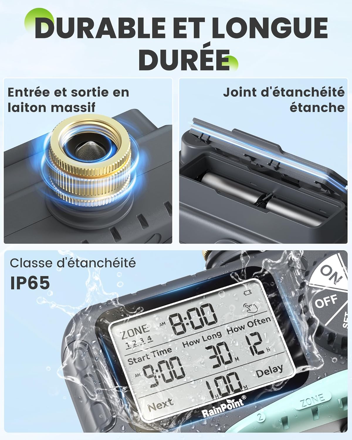 Detalle 2 de RAINPOINT Programmateur d’arrosage 4 voies — Laiton, IP65, minuterie indépendante avec retard de pluie