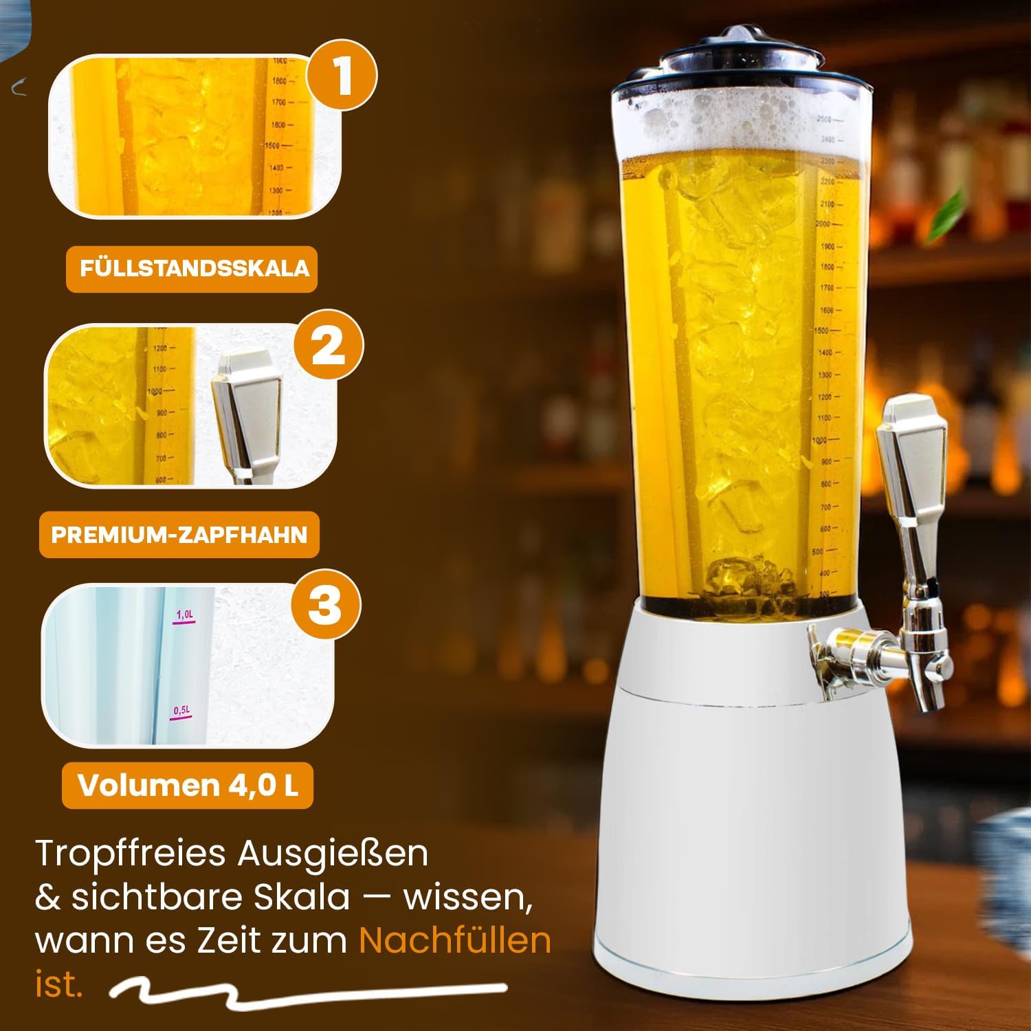 Detalle 2 de Biertower 4,0 Liter – Kult Biersäule mit LED-Beleuchtung & Eiskühlung