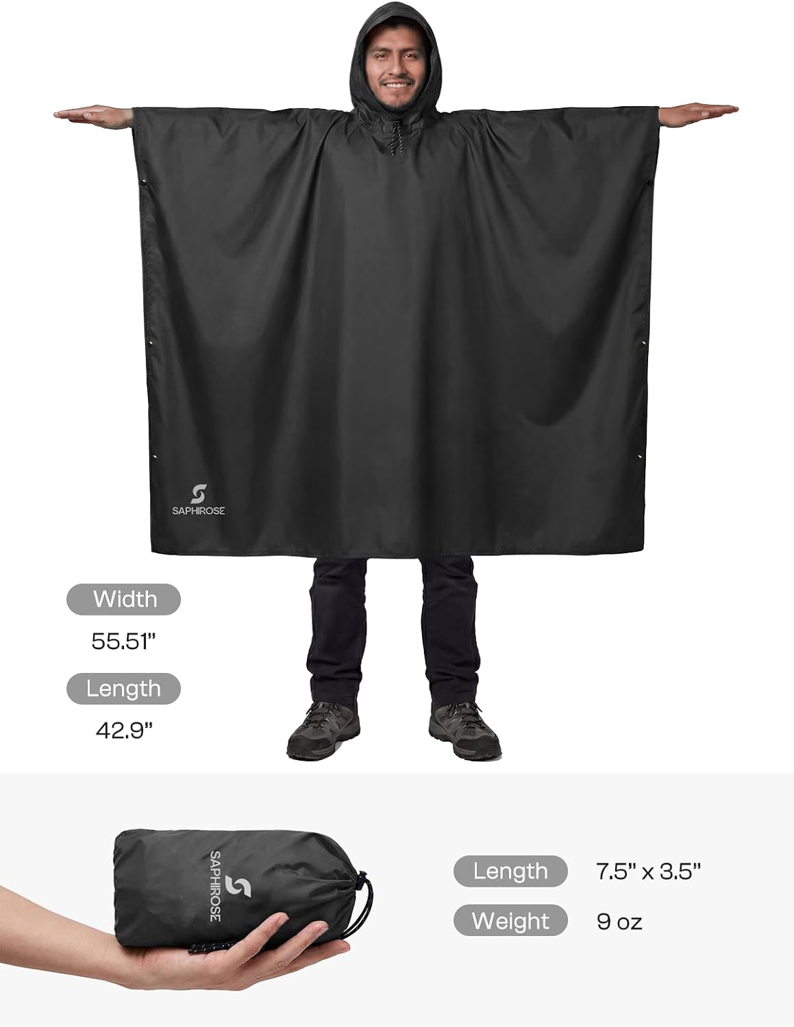 Thumbnail 2 de SaphiRose Hooded Rain Poncho: Lightweight Waterproof Protection for All-Day Outdoor Comfort