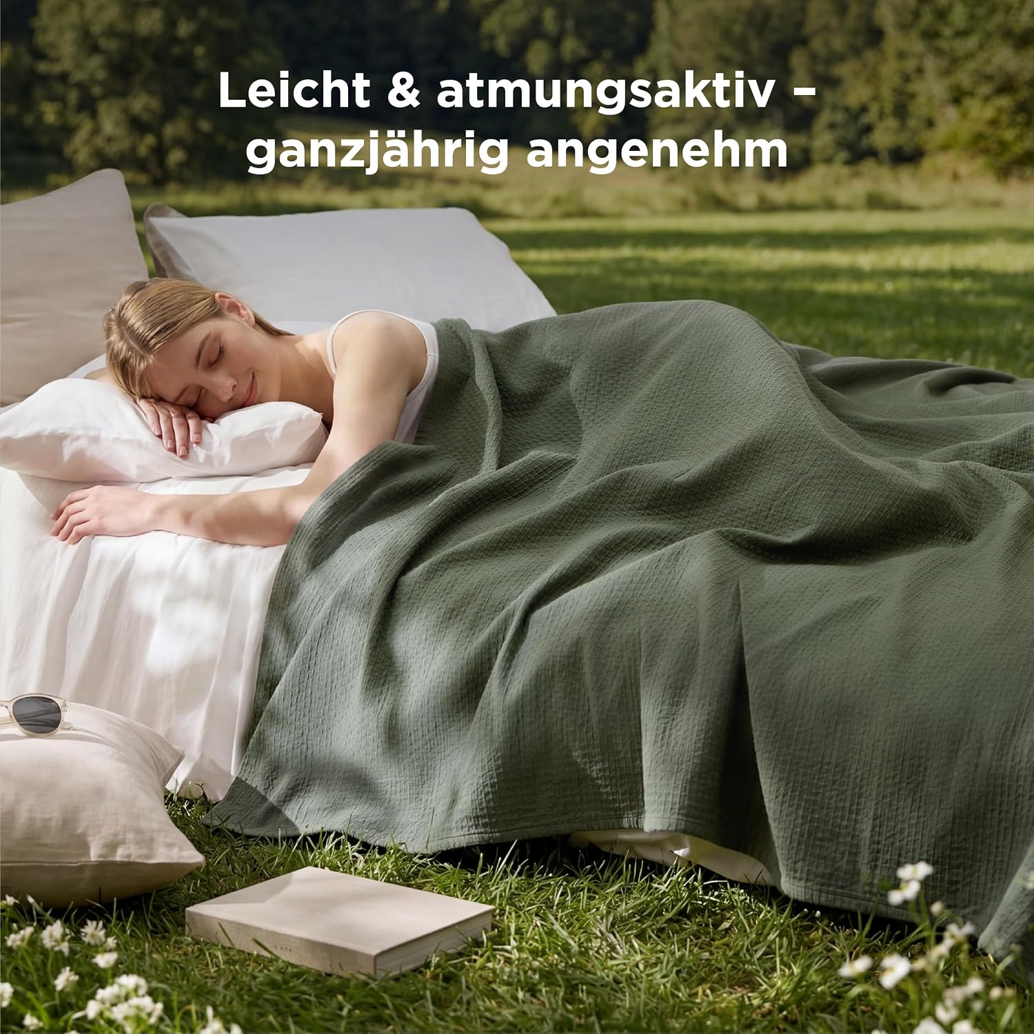 Detalle de BEDSURE Tagesdecke aus 100% Baumwolle mit Rautenmuster – Hundedecke & Sofadecke, olivgrün, 150x200 cm