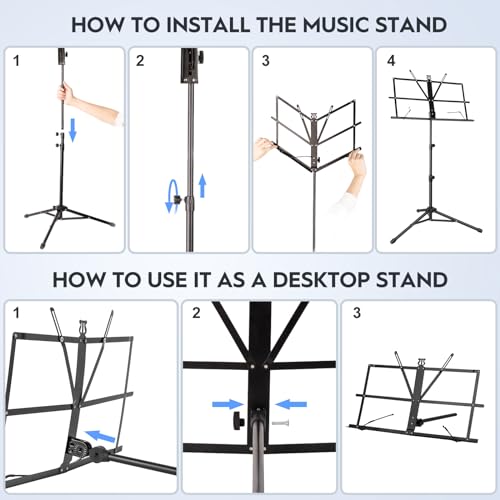 Detalle de New Bee Music Stand – Portable, Adjustable Sheet Music Stand with Carry Bag (Black)