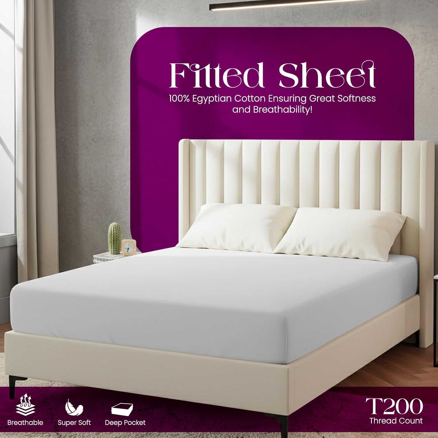 Thumbnail 1 de Linens World Egyptian Cotton Fitted Sheet (King Size) – 30cm Deep Pocket, Anti-wrinkle, Breathable