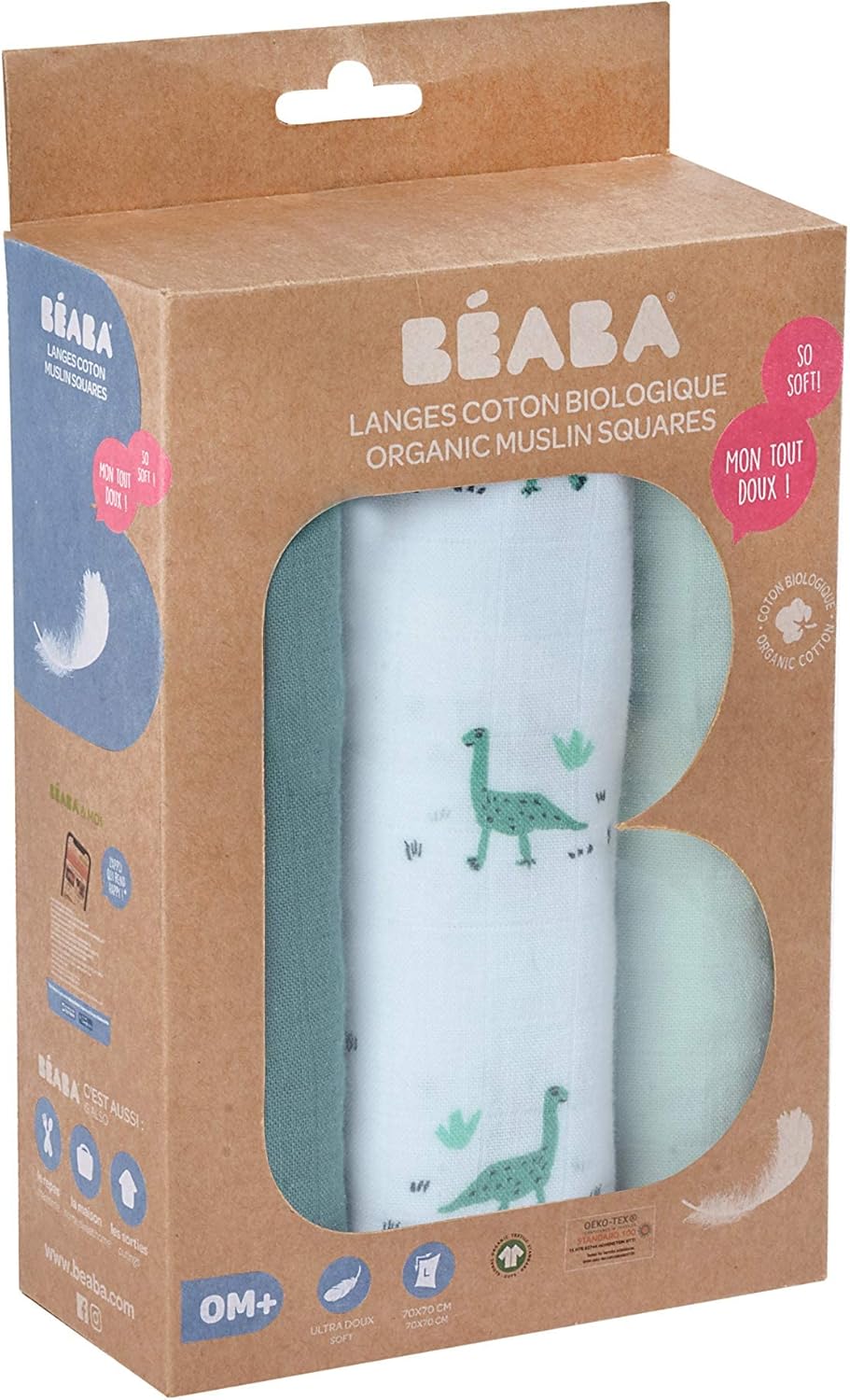 Thumbnail 1 de Béaba Lot de 3 langes bébé en mousseline de coton biologique 70x70 – Motif jurassique