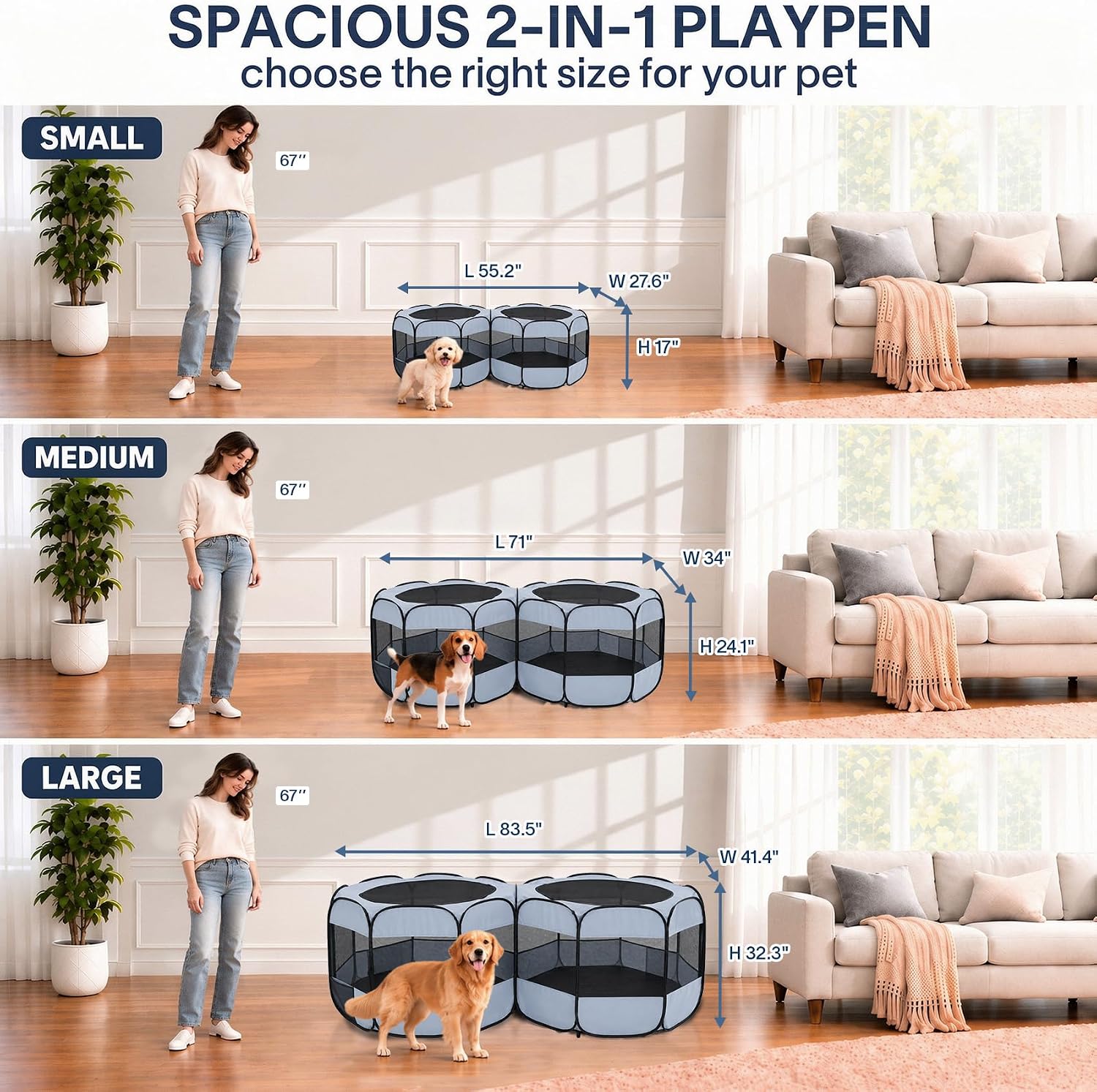 Detalle de EighteenTek 2-in-1 XLarge Pop-Up Pet Playpen, Two Rooms, Gray
