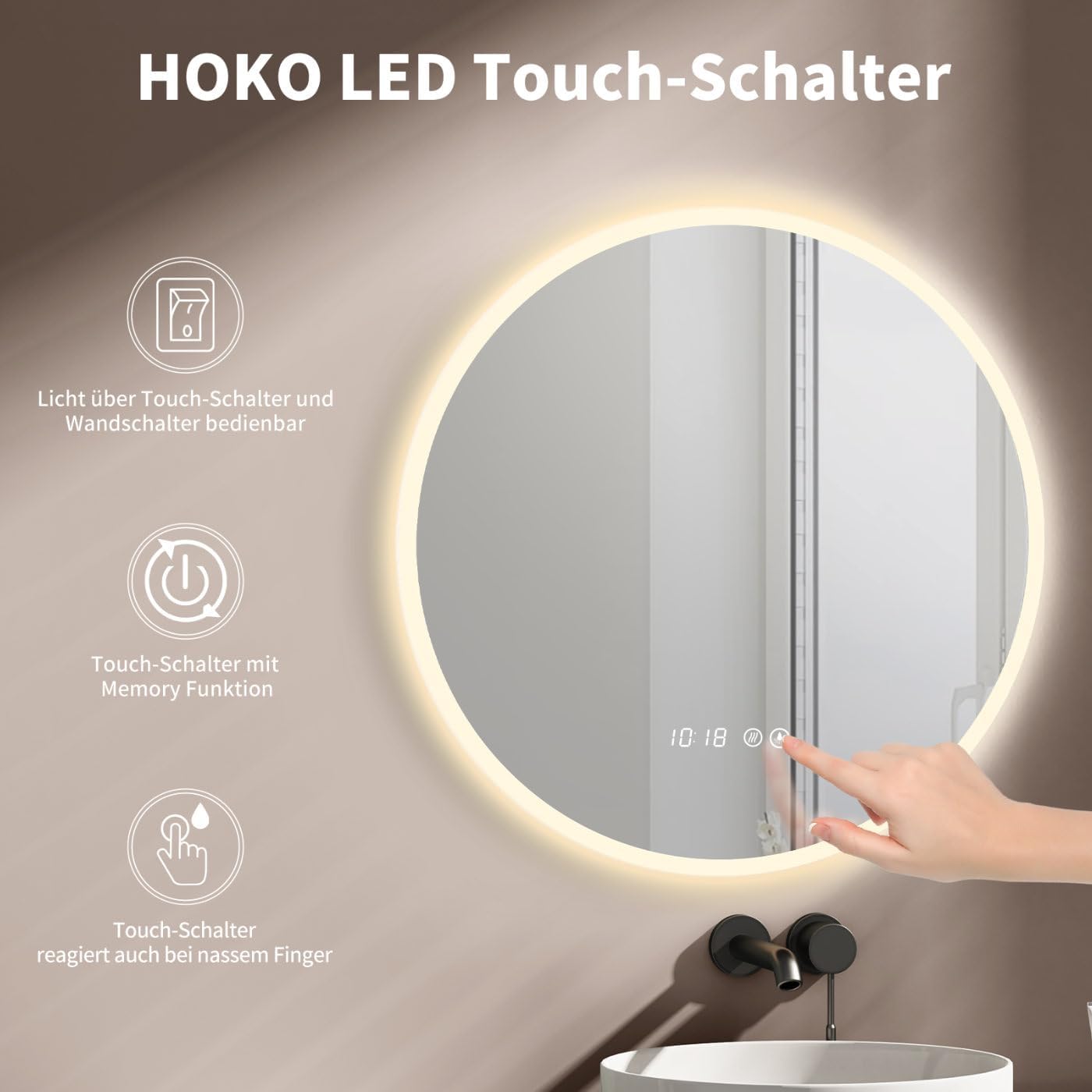 Detalle de HOKO Specchio Rotondo 60 cm antiappannamento 🪞