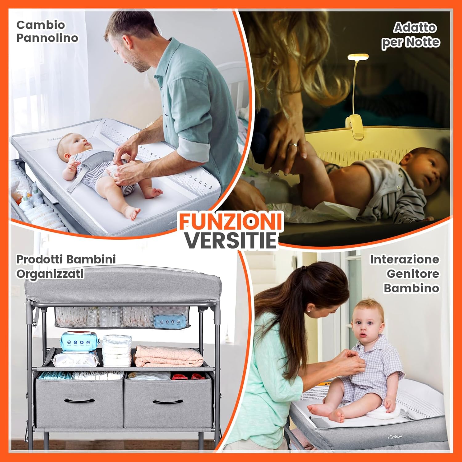 Thumbnail 5 de Orzbow Fasciatoio Neonato pieghevole con cassetto, fascia di sicurezza e luce notturna (grigio)