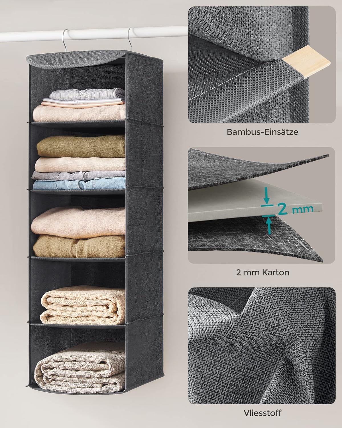 Thumbnail 6 de SONGMICS RCH005G02 Kleiderschrank-Hängesack (faltbar, 2 Stück) – platzsparende Hängeaufbewahrung mit Metallhaken