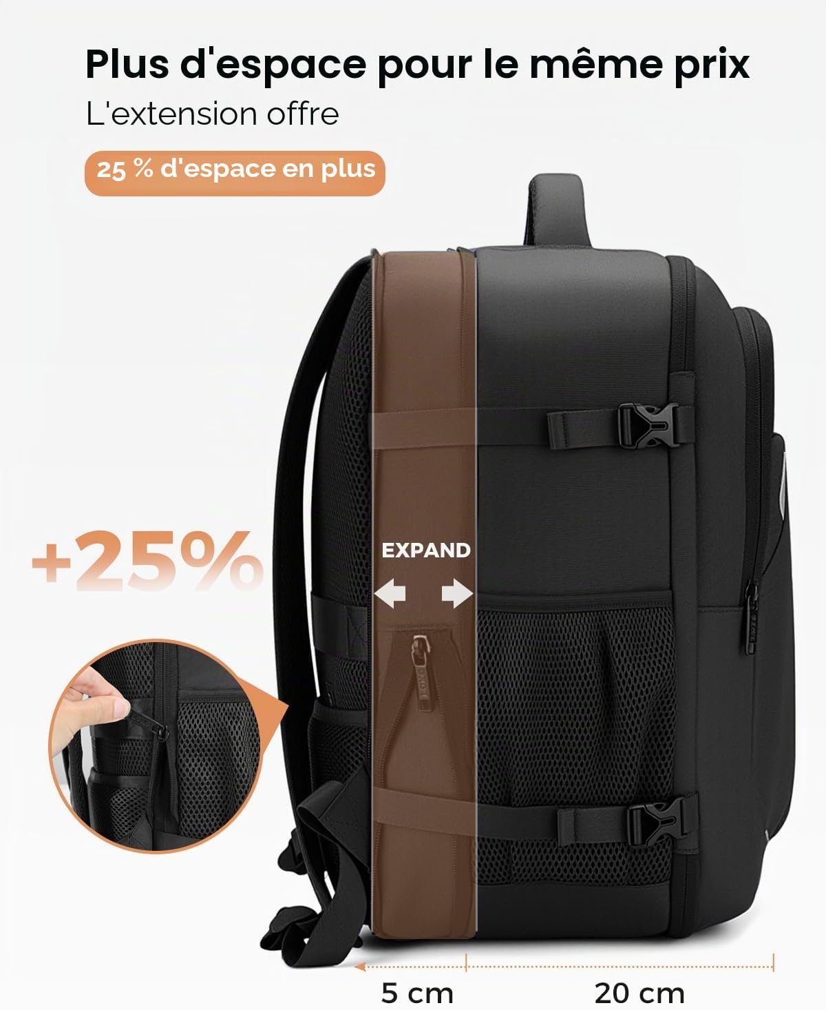 Detalle de Lekespring Sac à Dos Cabine 40x30x20 Ryanair – 24–30L extensible, ordinateur, noir