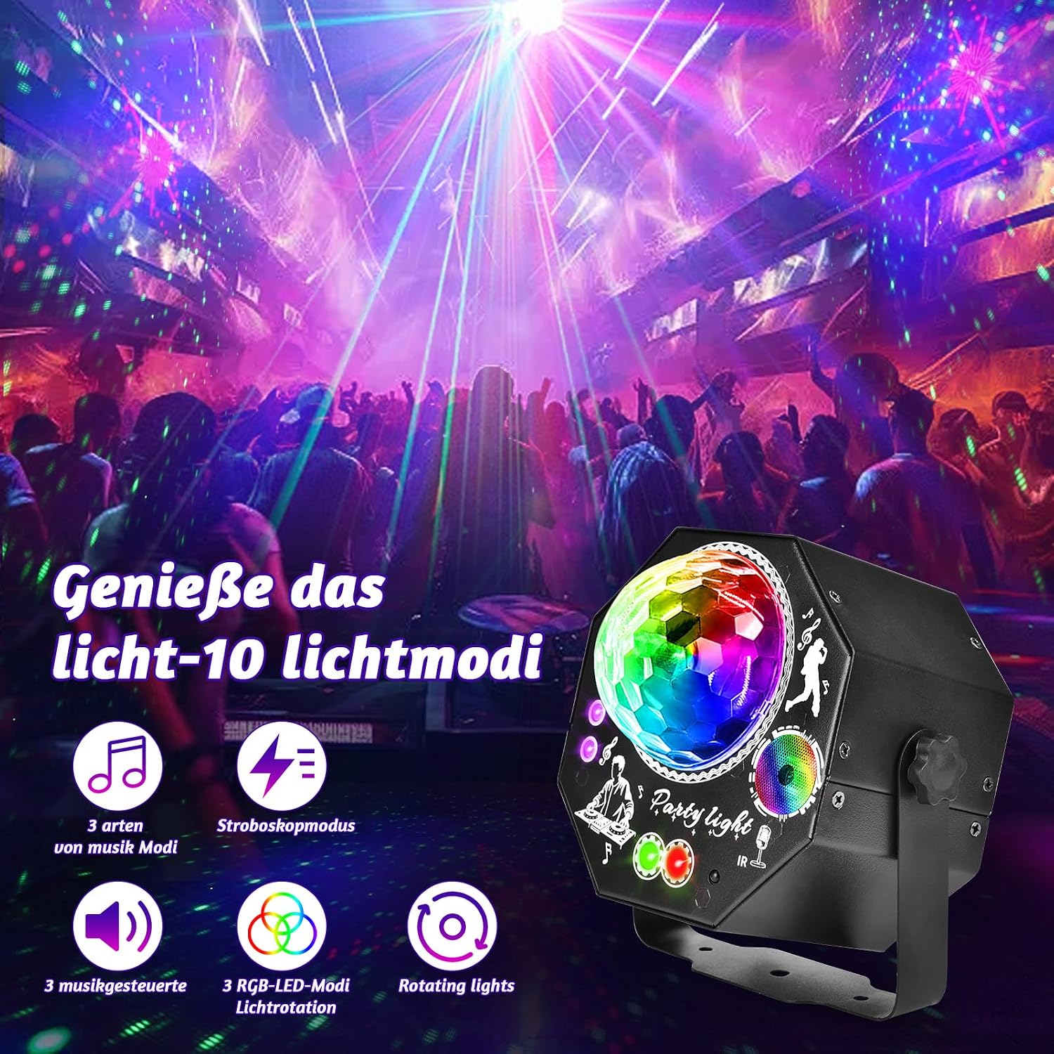 Detalle 2 de 4-in-1 Discolicht Partylicht mit Fernbedienung – 75 Effekte, RGB/UV, Musikgesteuert