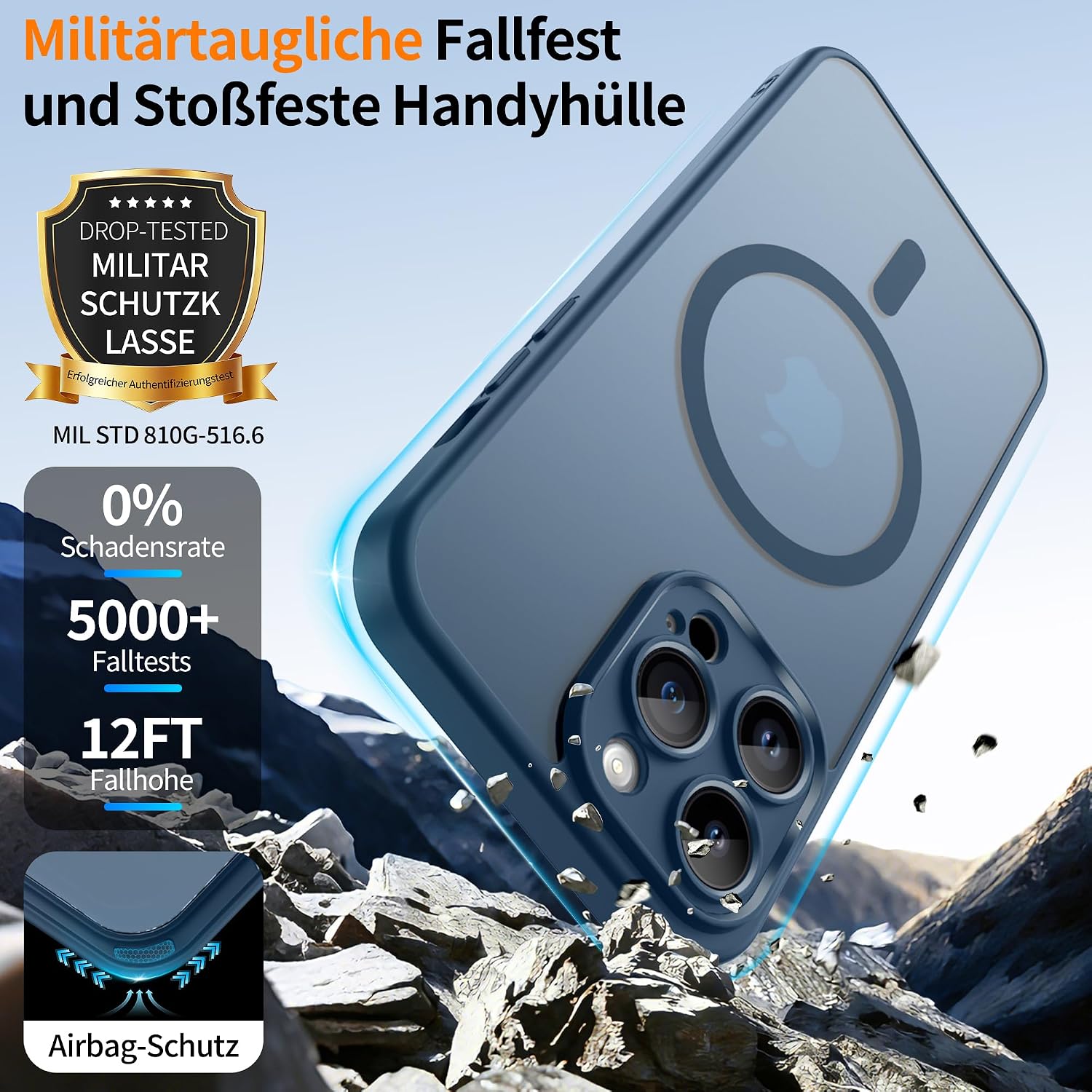 Detalle de Jshru Hülle für iPhone 14 Pro Max mit 2 Panzer Glas-Schutzfolien – MagSafe kompatibel, matt-transluzent, blau