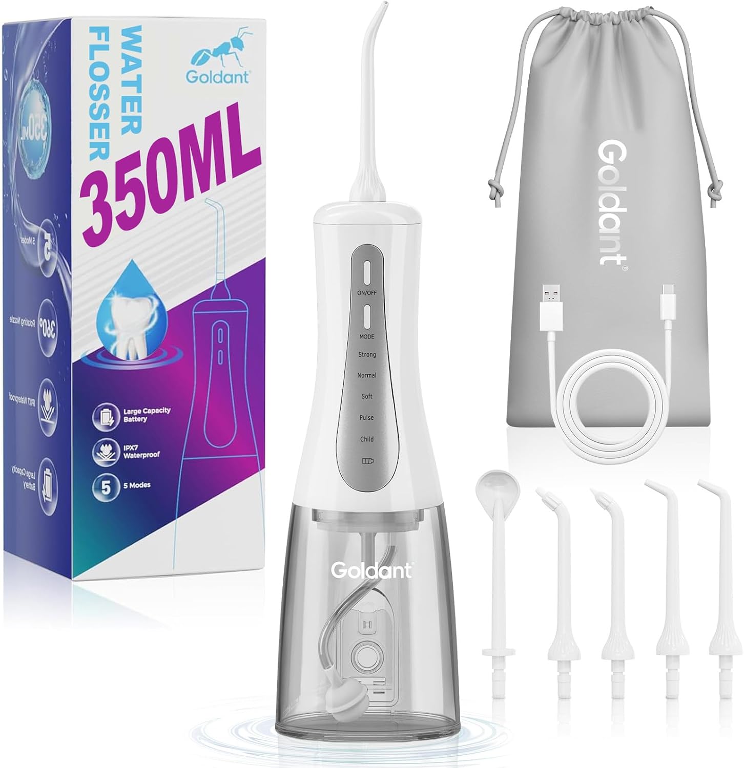 GOLDANT 2026 cordless water flosser 350ml with travel bag, 5 modes and IPX7 waterproof (White)