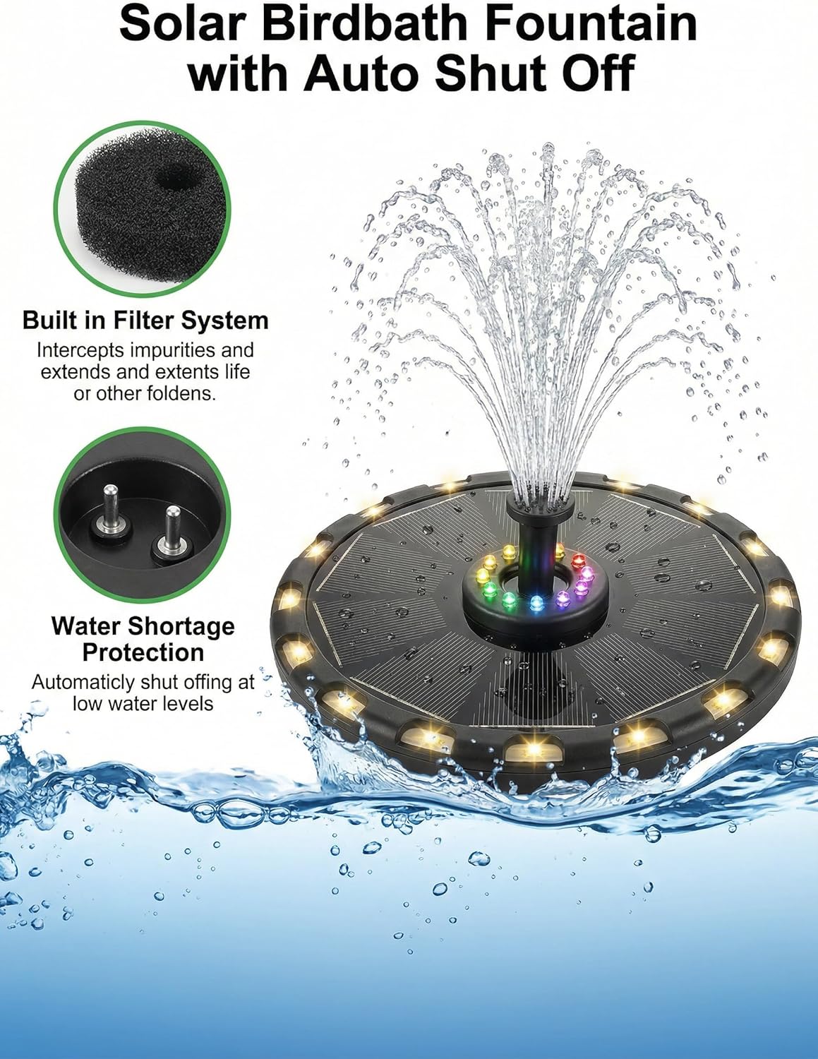 Thumbnail 3 de Solar Springbrunnen 3,5W – Solarteichpumpe mit LEDs, 6 Sprüh-Effekten & 8 bunten plus 16 warmweißen Lichtern