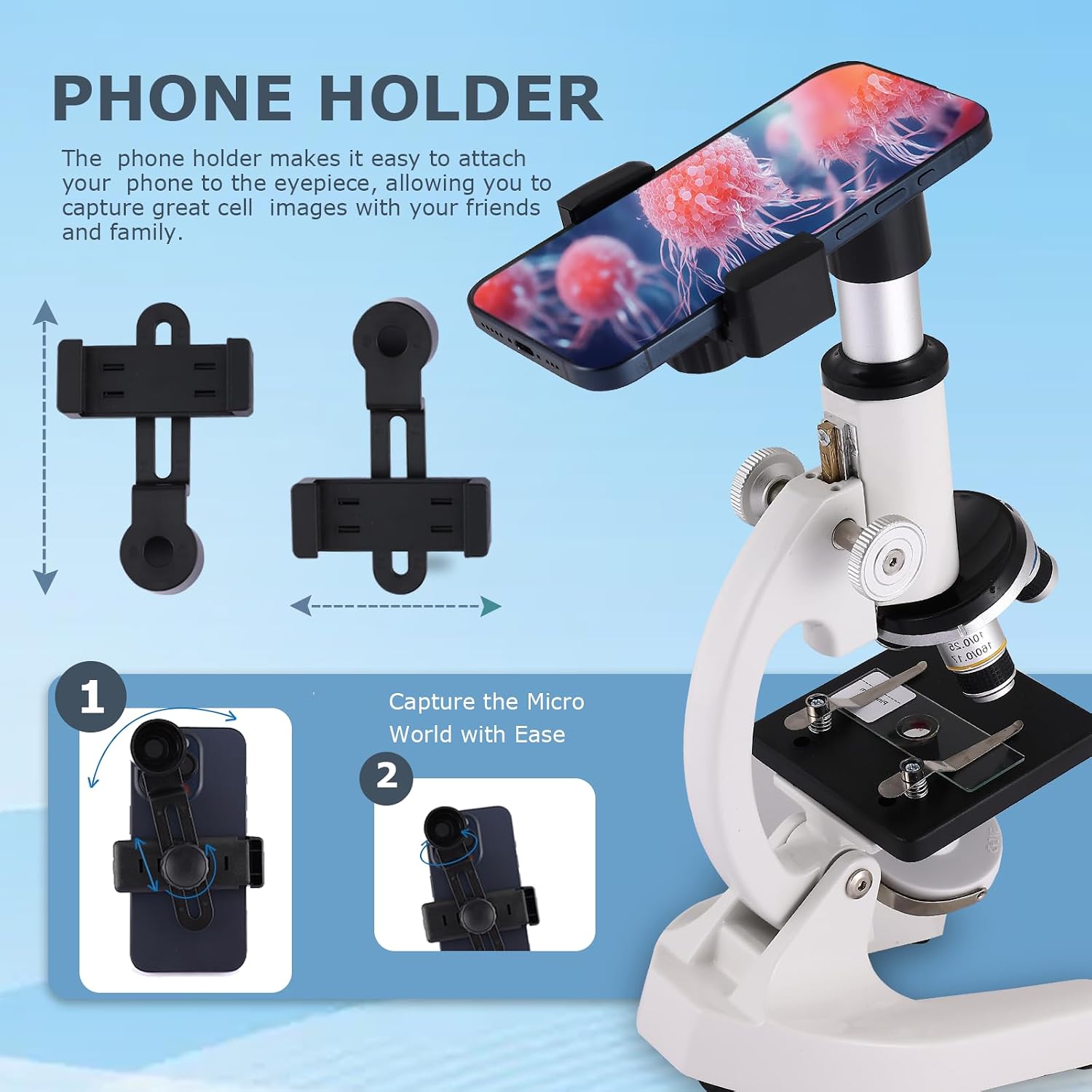 Thumbnail 3 de Microscope for Adults & Kids: 40X-2500X High-Power Compound Microscope with Slides Set & Phone Holder