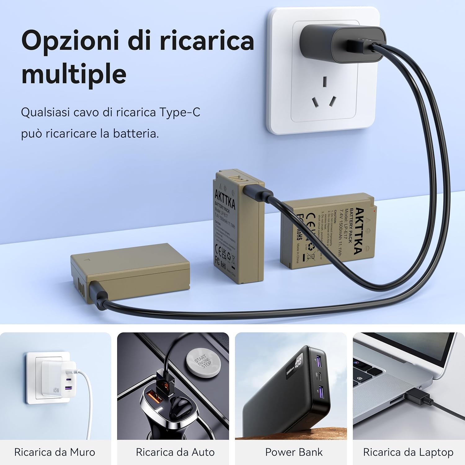 Thumbnail 3 de AKTTKA LP-E17 1500mAh batteria ricaricabile con Type‑C per Canon