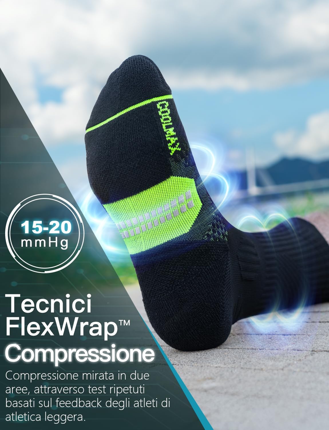 Detalle 2 de Juclise Bambù Coolmax compressione sportive uomo (15-20 mmHg) anti-vesciche per allenamento e trekking