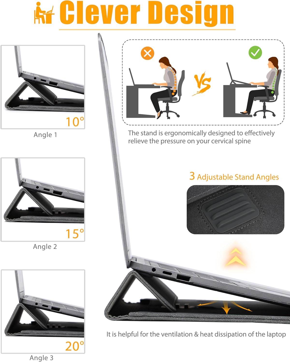 Detalle 2 de HYZUO Laptop Hülle für 13,3–14 Zoll mit 3-stufig einstellbarem Ständer – inkl. Staub-/Aufbewahrungstasche, Weltraum Grau