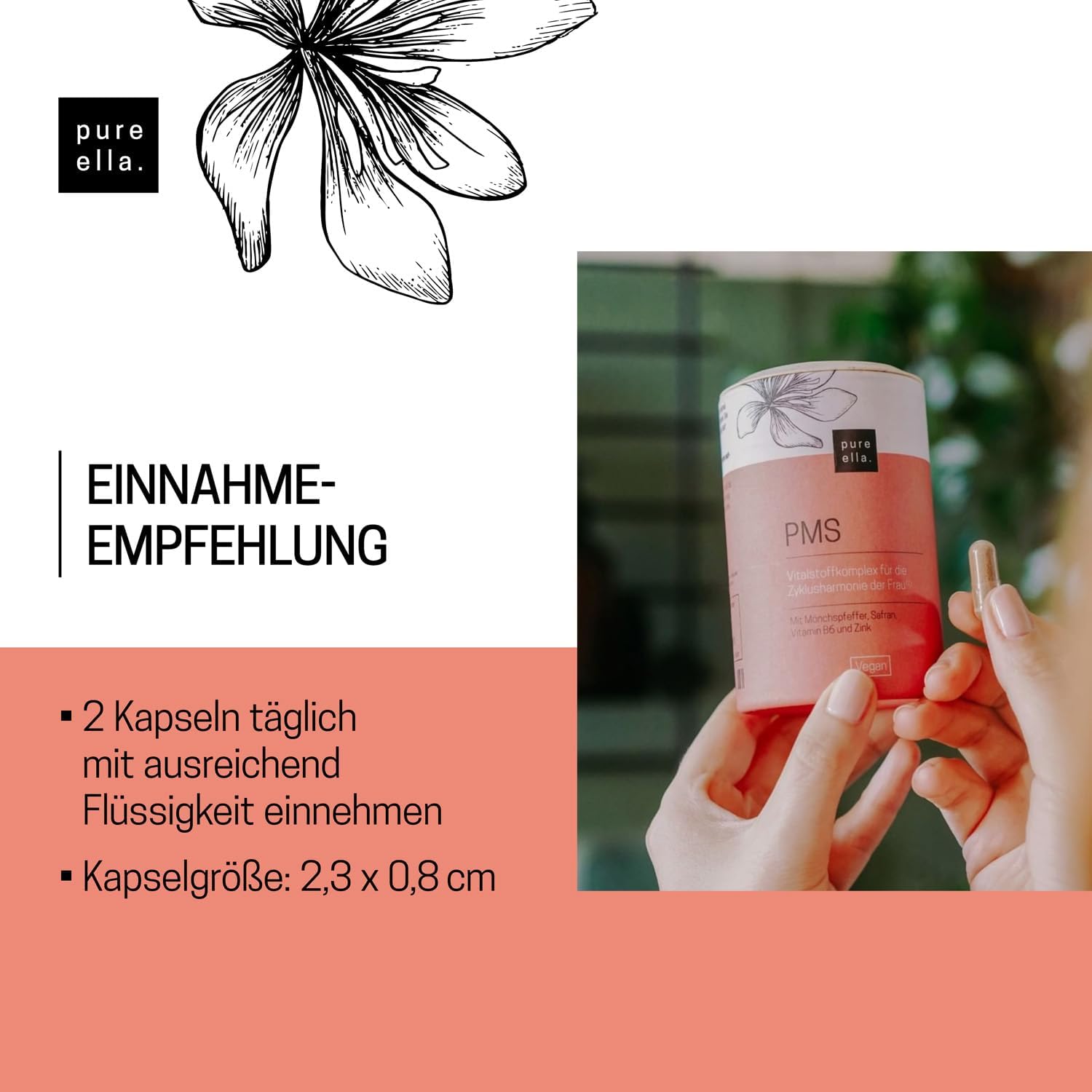 Detalle de Pure Ella Vitalstoffkomplex für Frauen mit Mönchspfeffer, Frauenmantel, Safran, Vitamin C, B6 & Zink – 60 Kapseln