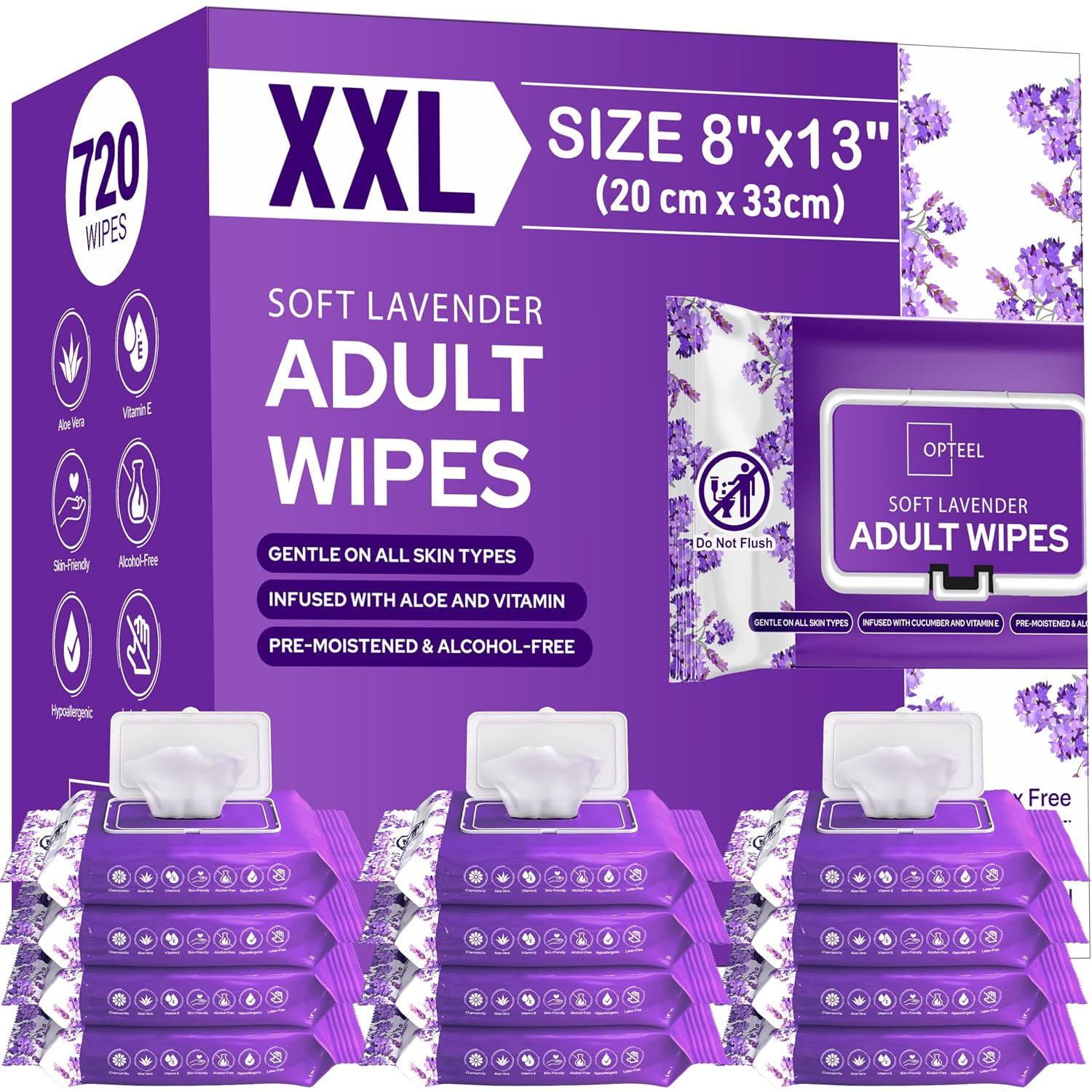 OPTEEL AW-720L Adult Wipes, 8 x 13-Inch, Aloe & Vitamin E, 720 Count