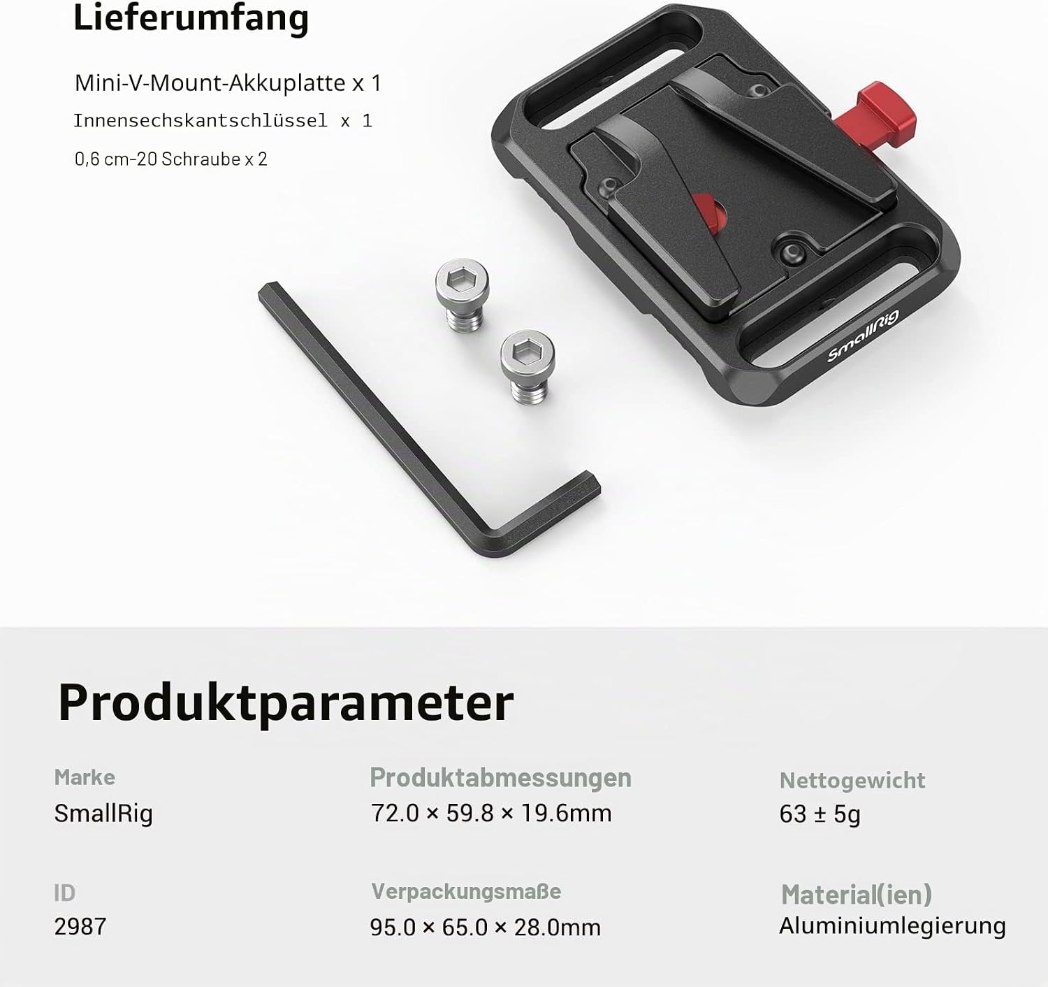 Detalle 2 de SMALLRIG 2987 Mini V Mount Batterieplatte 63 g