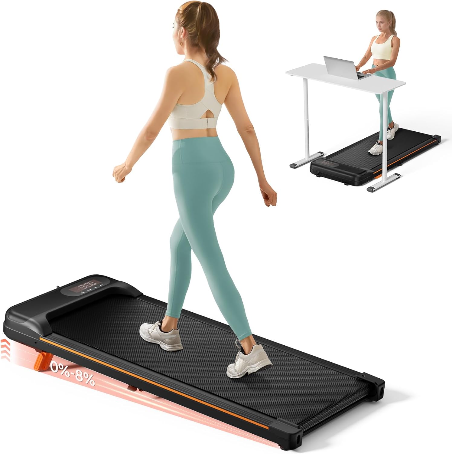 Detalle de Abonow 3000W Under-Desk Walking Pad, 8% Manual Incline, LED Display