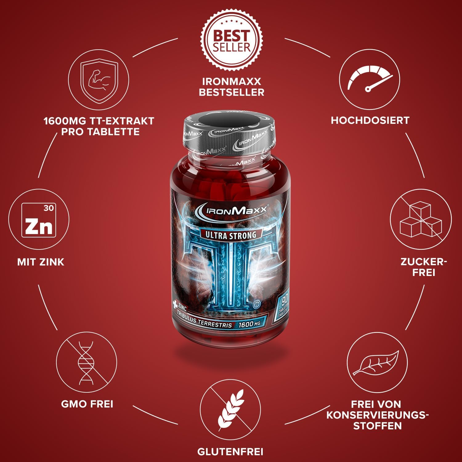 Detalle de IronMaxx TT Ultra Strong Tribulus Terrestris – 90 Tabletten, 1600 mg pro Tablette, inkl. Zink