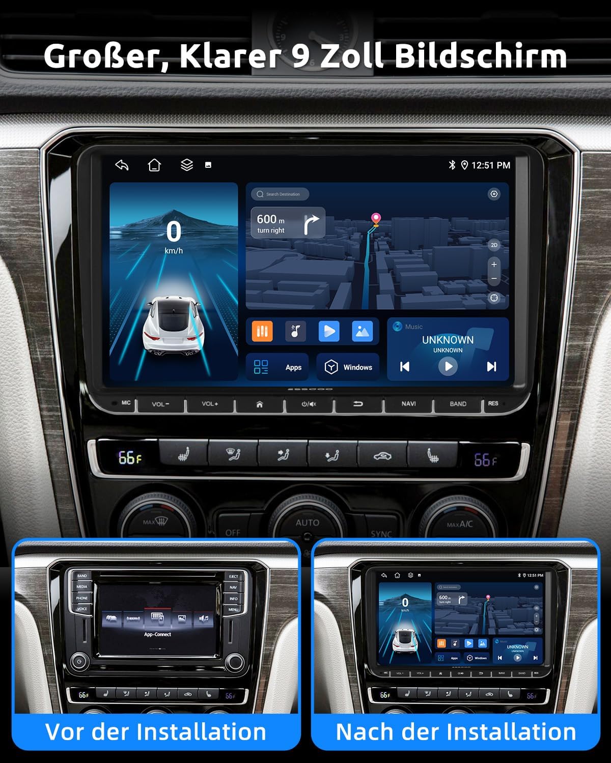 Detalle de ESSGOO True 4+64G: Kabelloses Autoradio mit 9-Zoll Touchscreen, CarPlay/Android Auto – VW-kompatibel