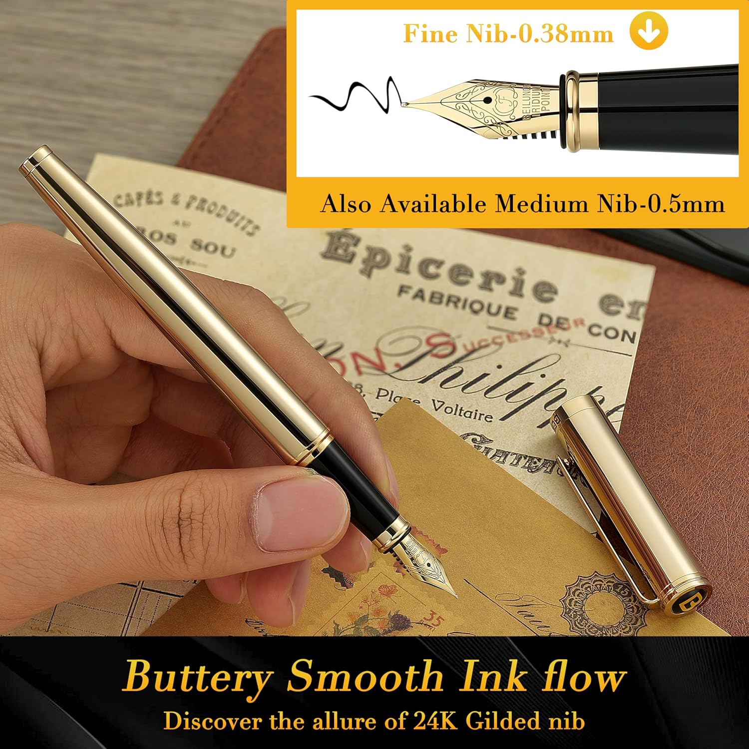 Thumbnail 3 de BEILUNER Penna stilografica di lusso con pennino dorati 24K e convertitore