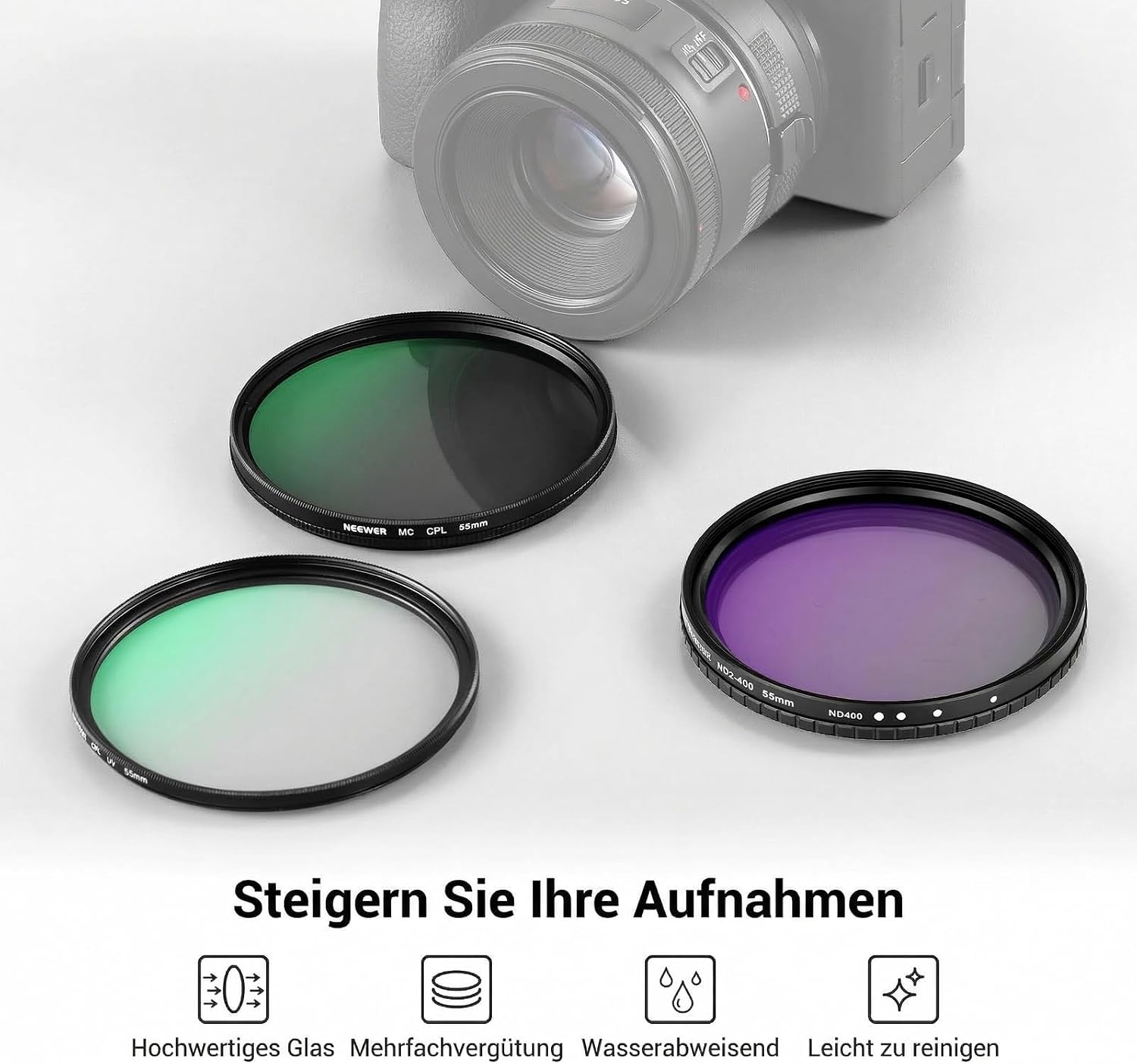 Detalle 2 de NEEWER 55mm Filter Set (ND2-400 + CPL + UV) – 3er Pack inkl. Schutzetui