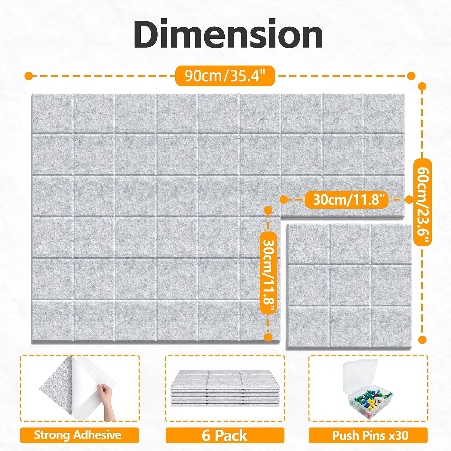 Detalle 2 de Uoisaiko Cork Wall Board 30 x 30 cm with 6 Adhesive Felt Panels and 30 Push Pins (Light Grey)