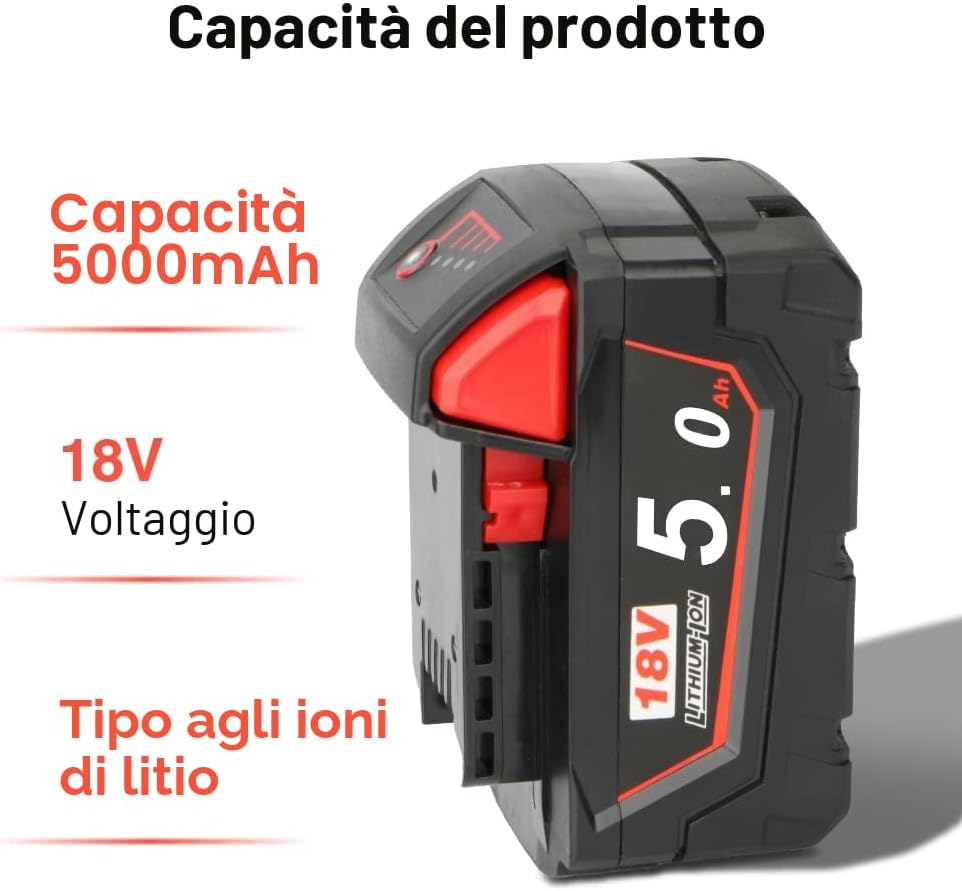 Detalle de Powarobor M18B5 18V 5.0Ah: Batteria di Ricambio agli ioni di litio per Milwaukee M18 (2 pezzi)
