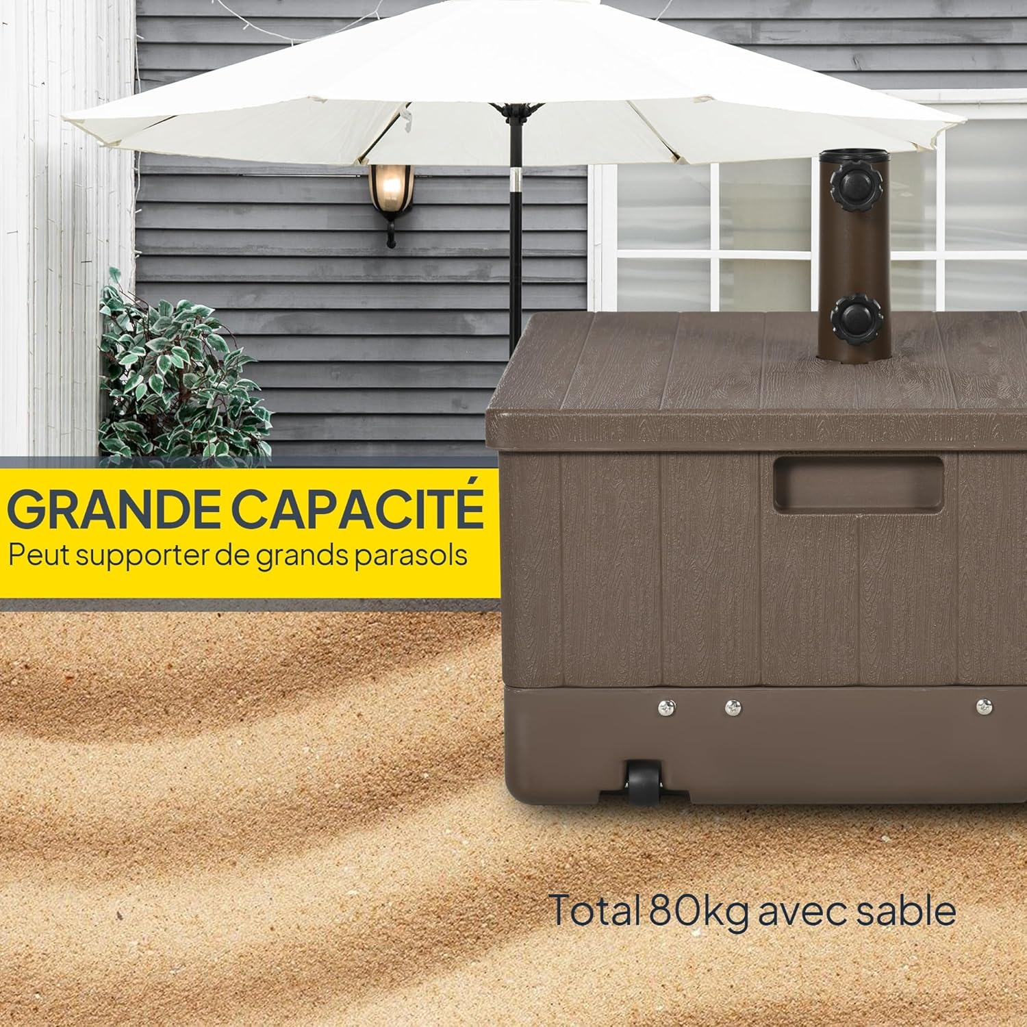 Detalle 2 de Outsunny Pied de Parasol Base de lestage 53 x 53 cm avec Plateau Tables et Jardin – Marron