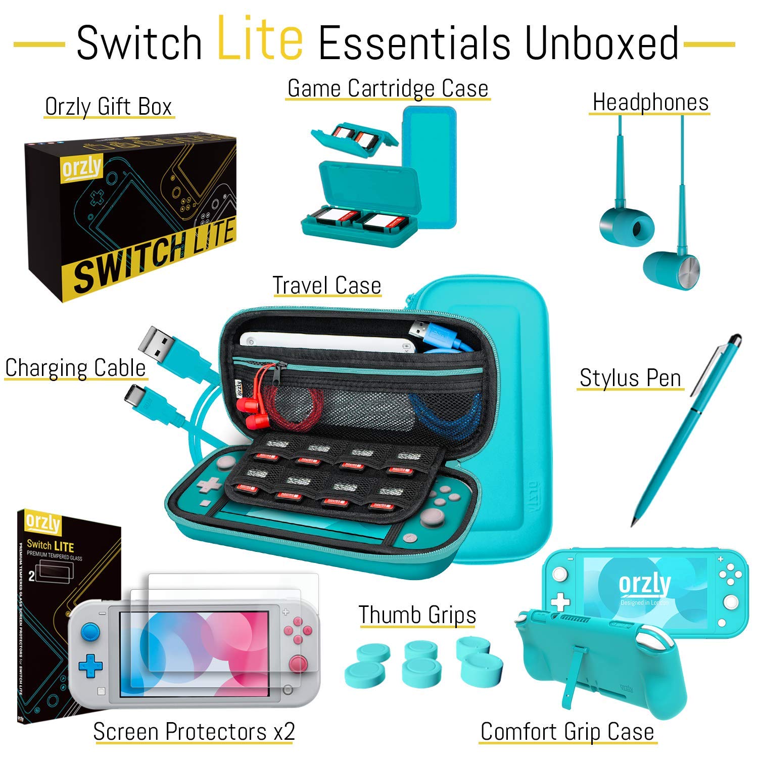 Thumbnail 3 de Orzly Switch Lite Accessories Bundle (Case, Tempered Glass Screen Protector, Grip Case, USB Cable, More) - Turquoise Blue